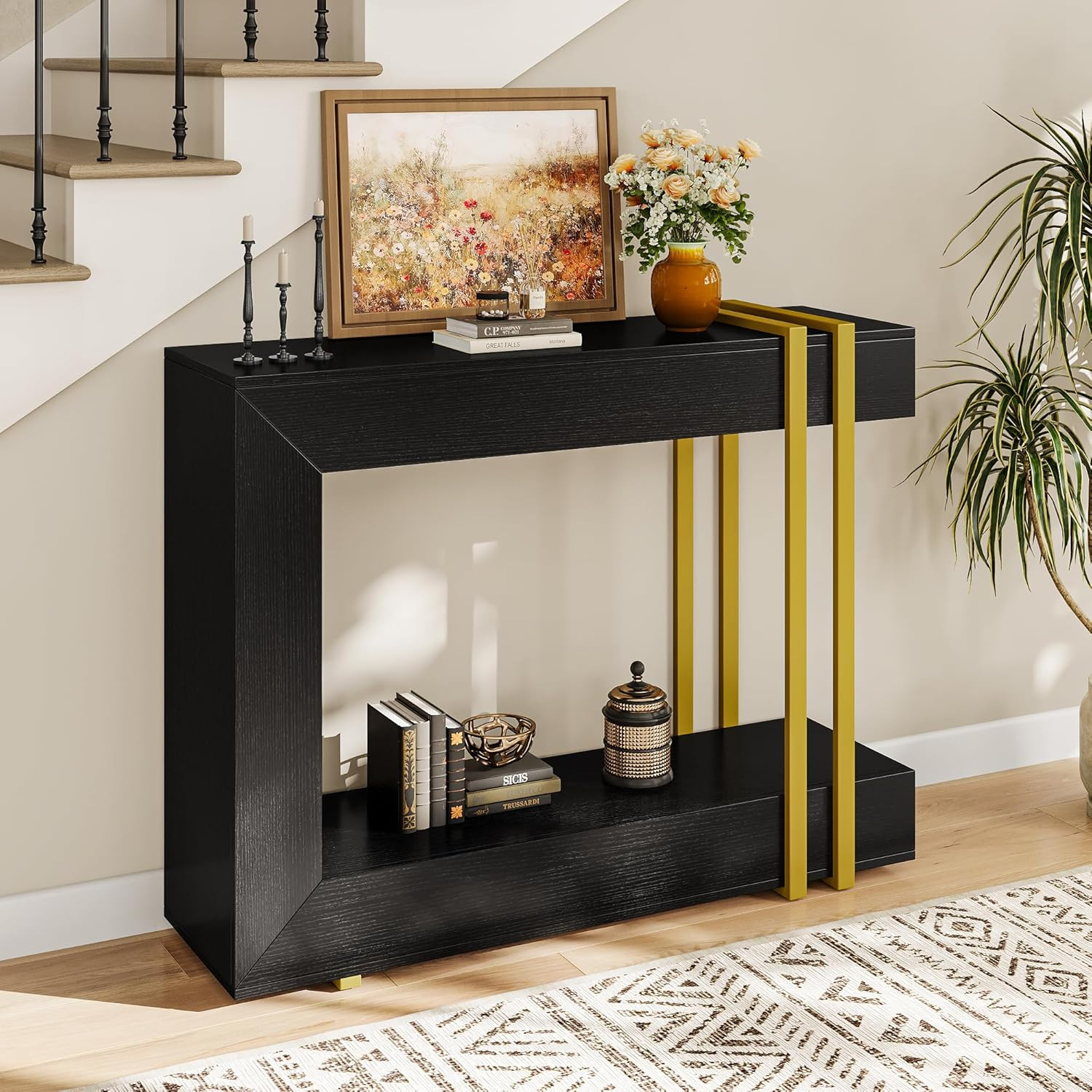 42.5″ Black Console Table, 2-Tier Narrow Entryway Table for Living Room/Foyer