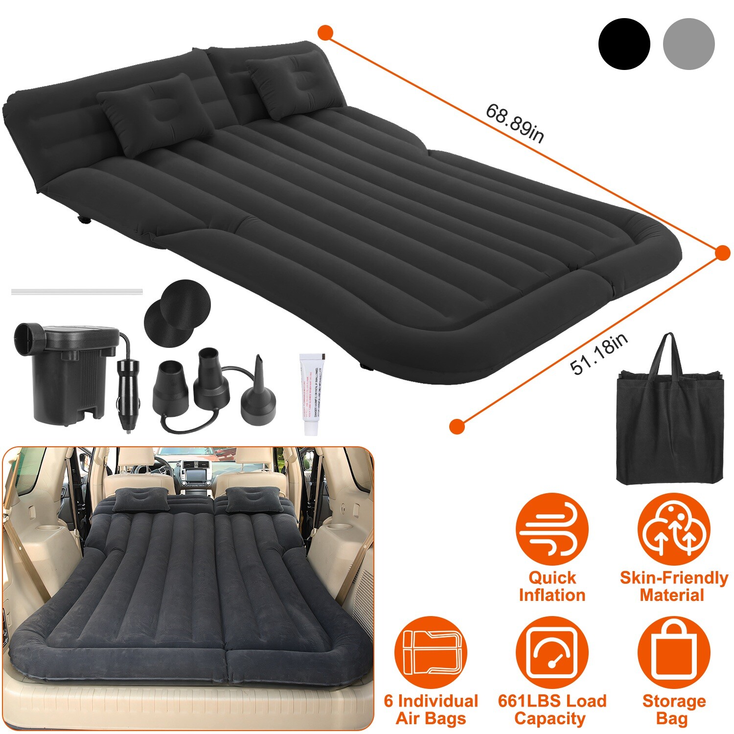 Inflatable Travel Car Air Mattress Back Seat Bed and Rest W/Pillows Pump and Bag