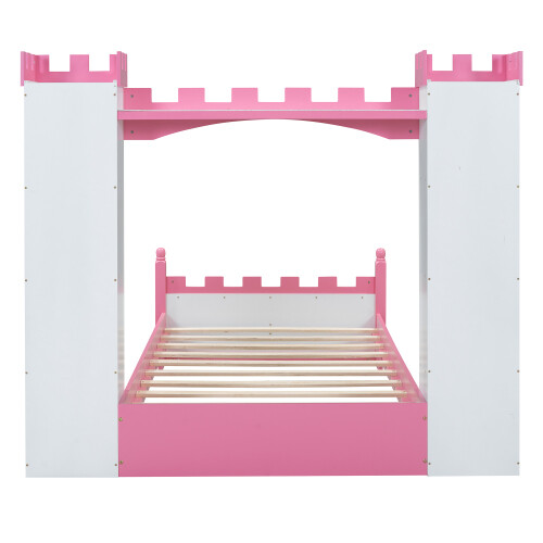 Castle-Shaped Platform Bed with Storage Shelves Both Side Wooden Bed Frames Twin