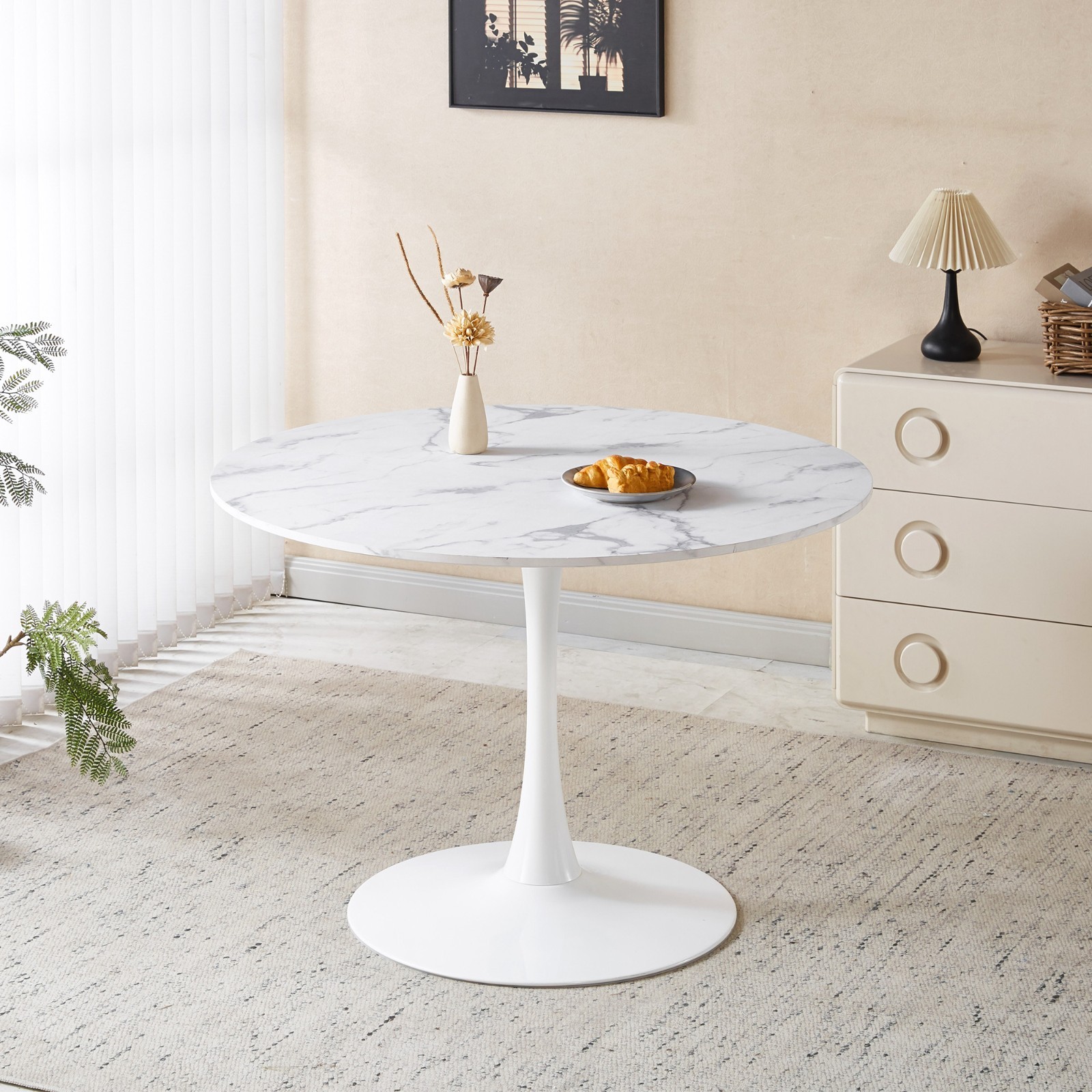 42.1″ white marble Color Top Tulip Table Mid-century Dining Table for 4-6 People