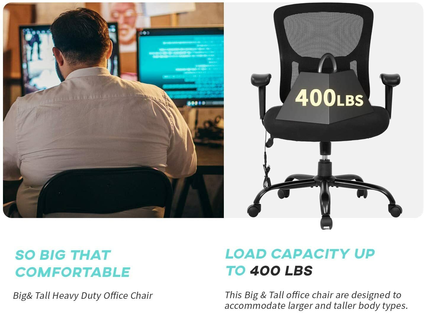 Office Chair Heavy Duty Individuals 400lbs Weight Capacity Wide Mesh Seat Swivel