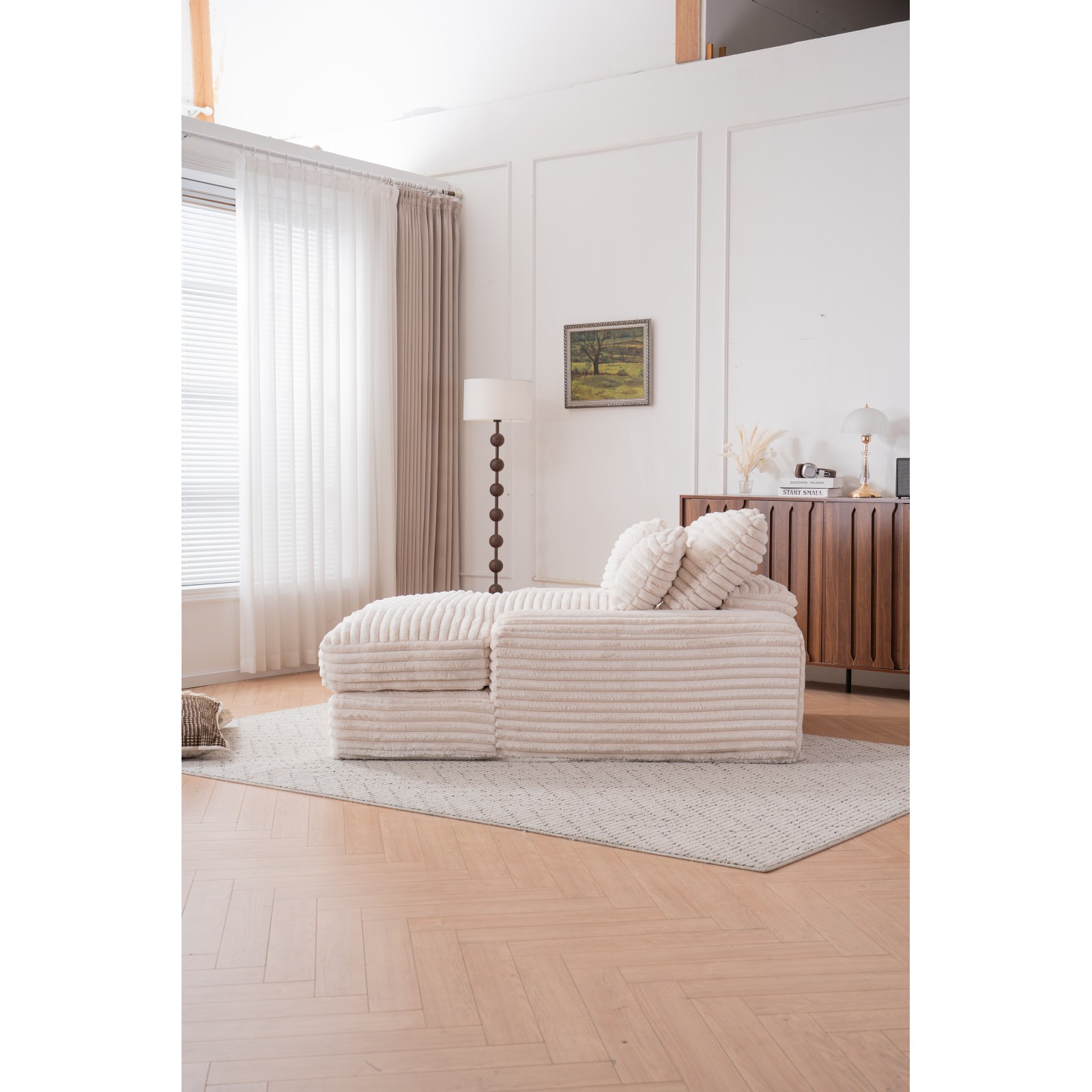 Oversized Chaise Lounge Sleeper Sofa Bed with 4 Pillows, Corduroy, Beige