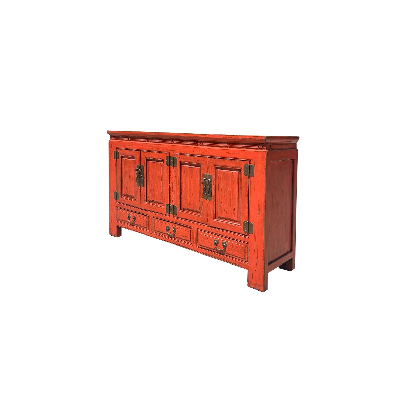 Oriental Distressed Brick Orange Red Lacquer Low Table TV Console Cabinet ws4050