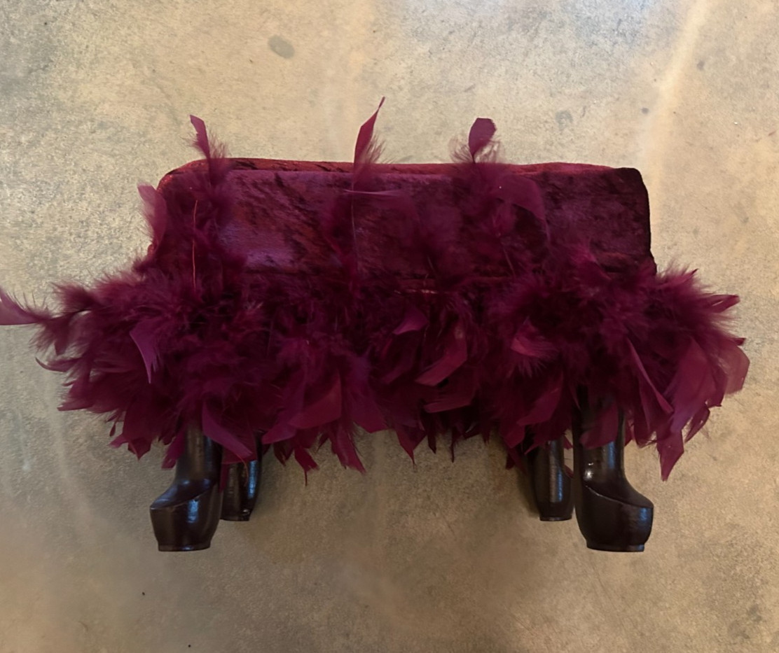 OOAK BORDELLO VELVET OSTRICH FEATHER OTTOMAN Burgundy Crushed Velveteen Pouf