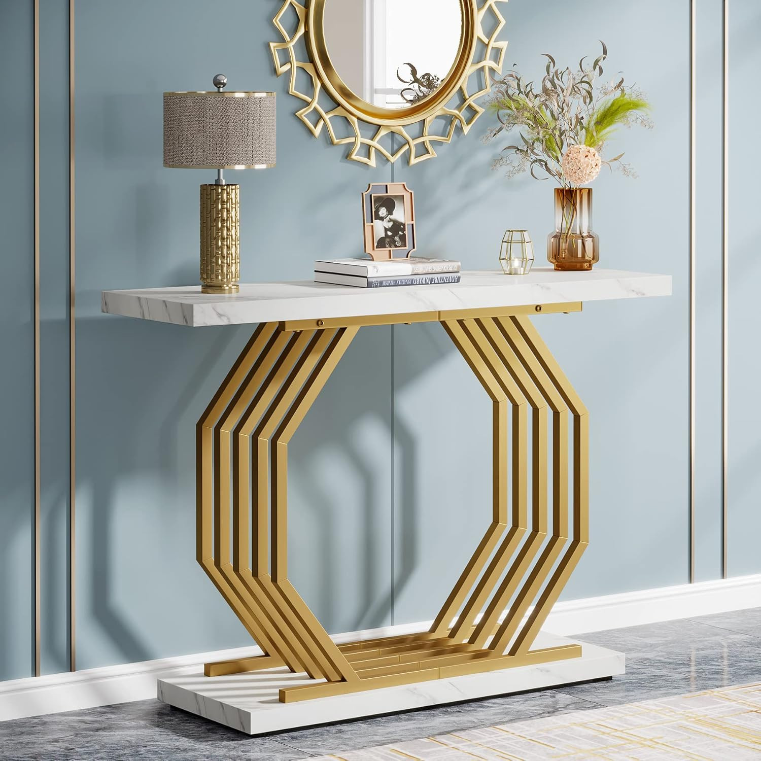 Gold Console Table, Faux Marble Entryway Table Narrow Sofa with Geometric Metal