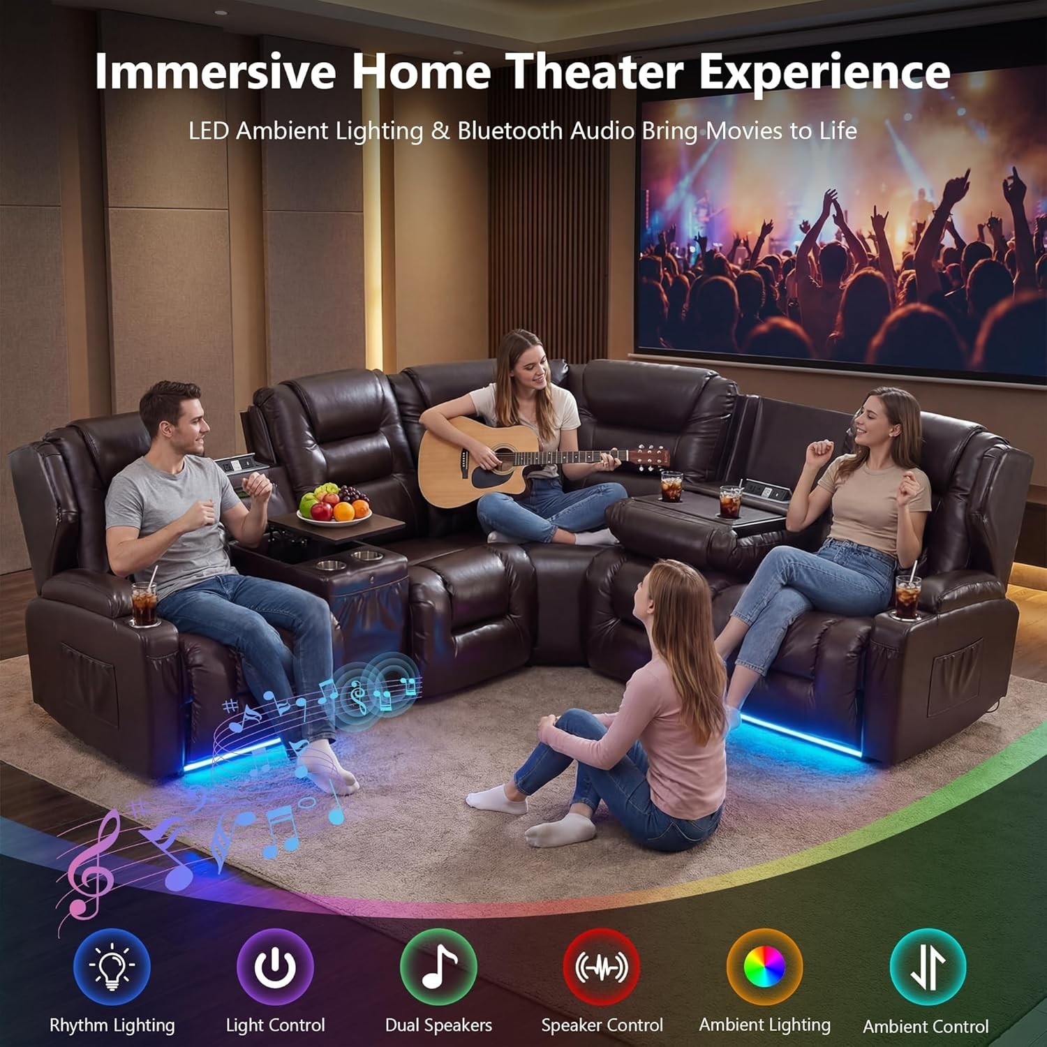 Recliner Sofa Power Reclining Sectional Sofa Set w/ Console&Bluetooth&LED Lights