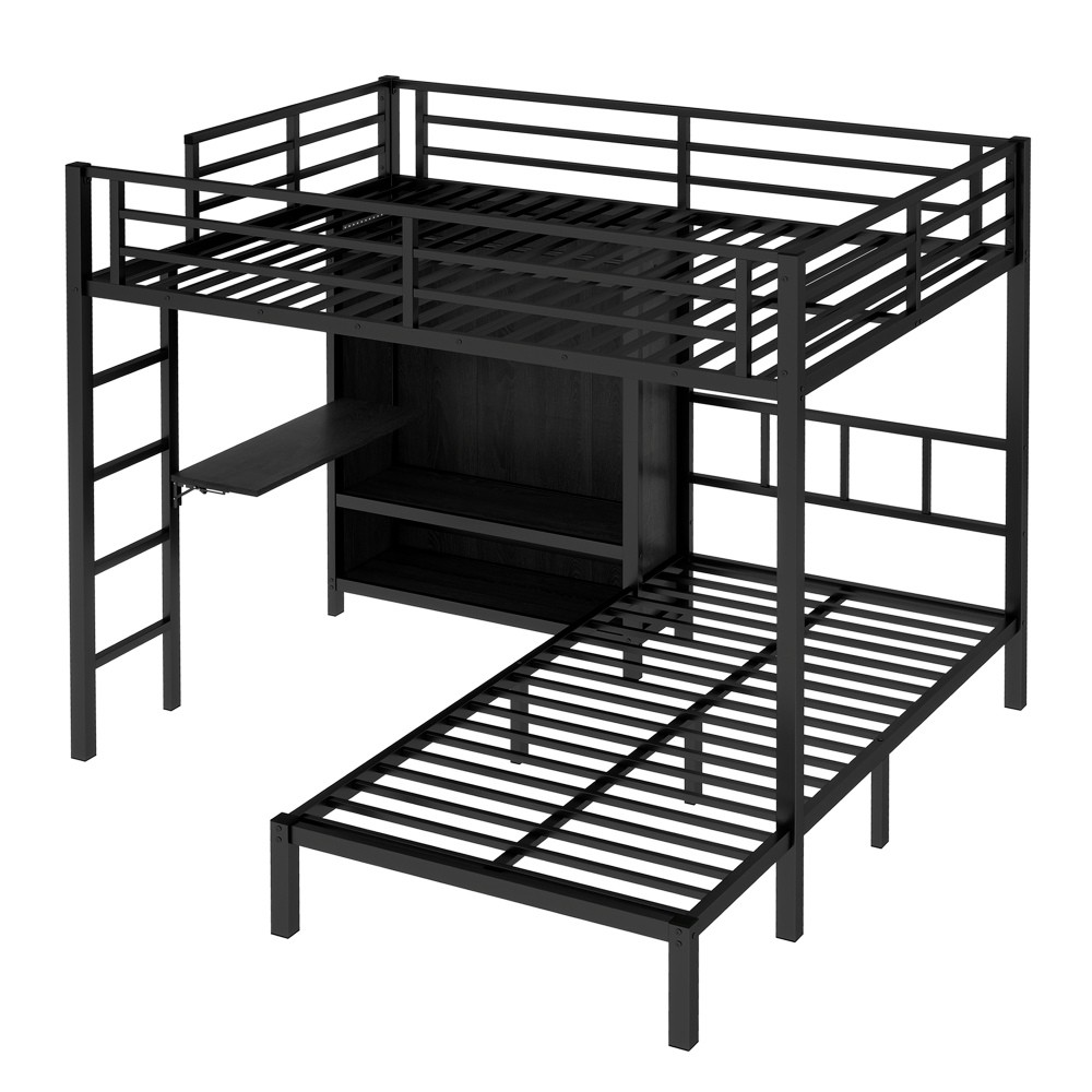 Full XL Over Twin Metal Bunk Bed with Folding Desk, Closet and LED ,Hall Tree