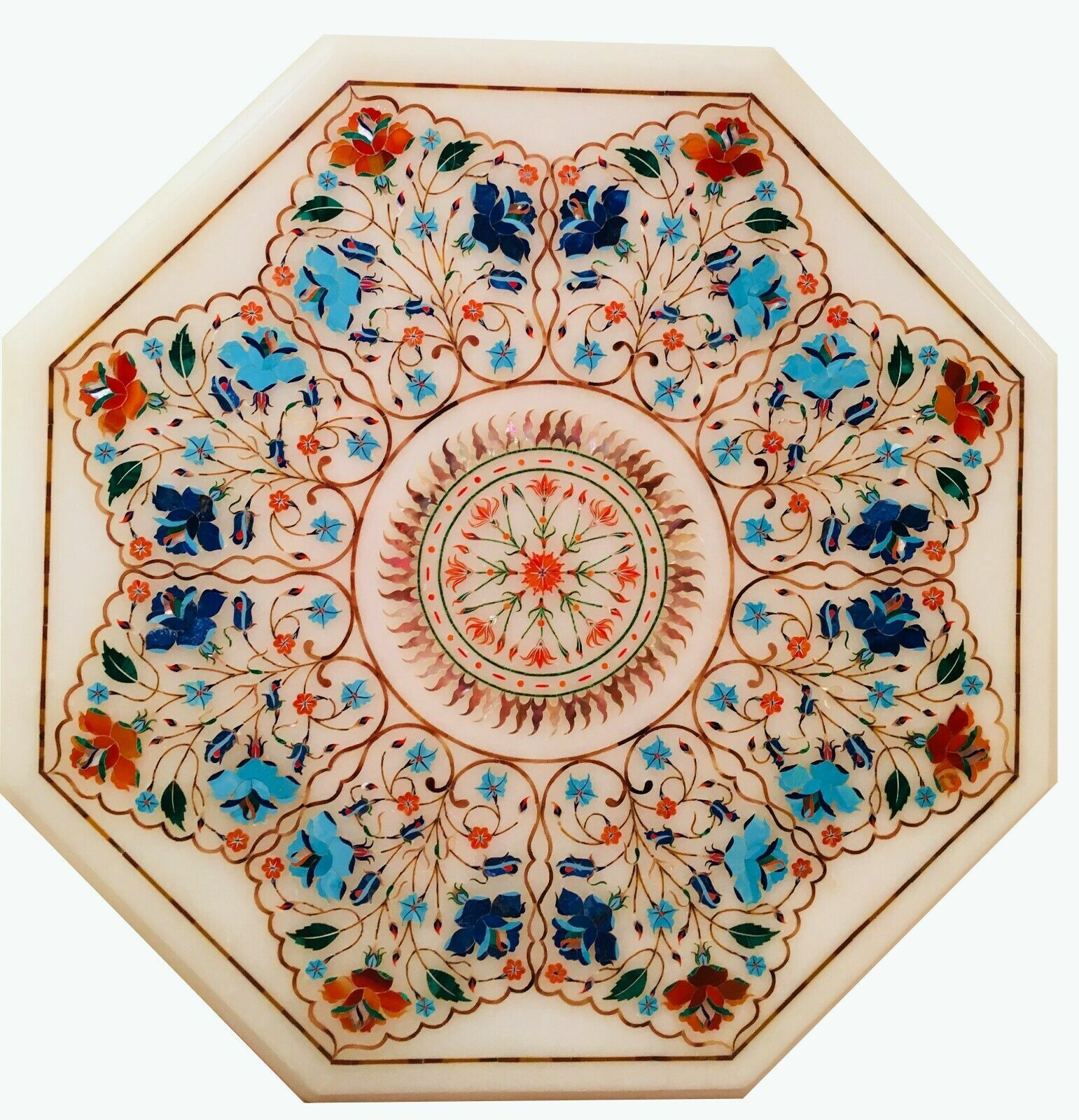 30″ white Marble Table Top Inlay Pietra Dura flower coffee room decor lapis