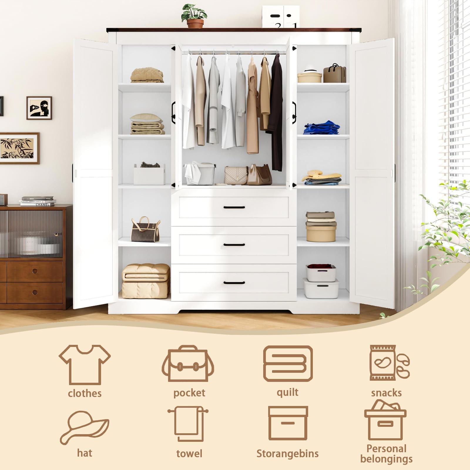 Farmhouse 70″ Tall Armoire Wardrobe Closet 4 Doors 3 Drawers Hanging Rod White