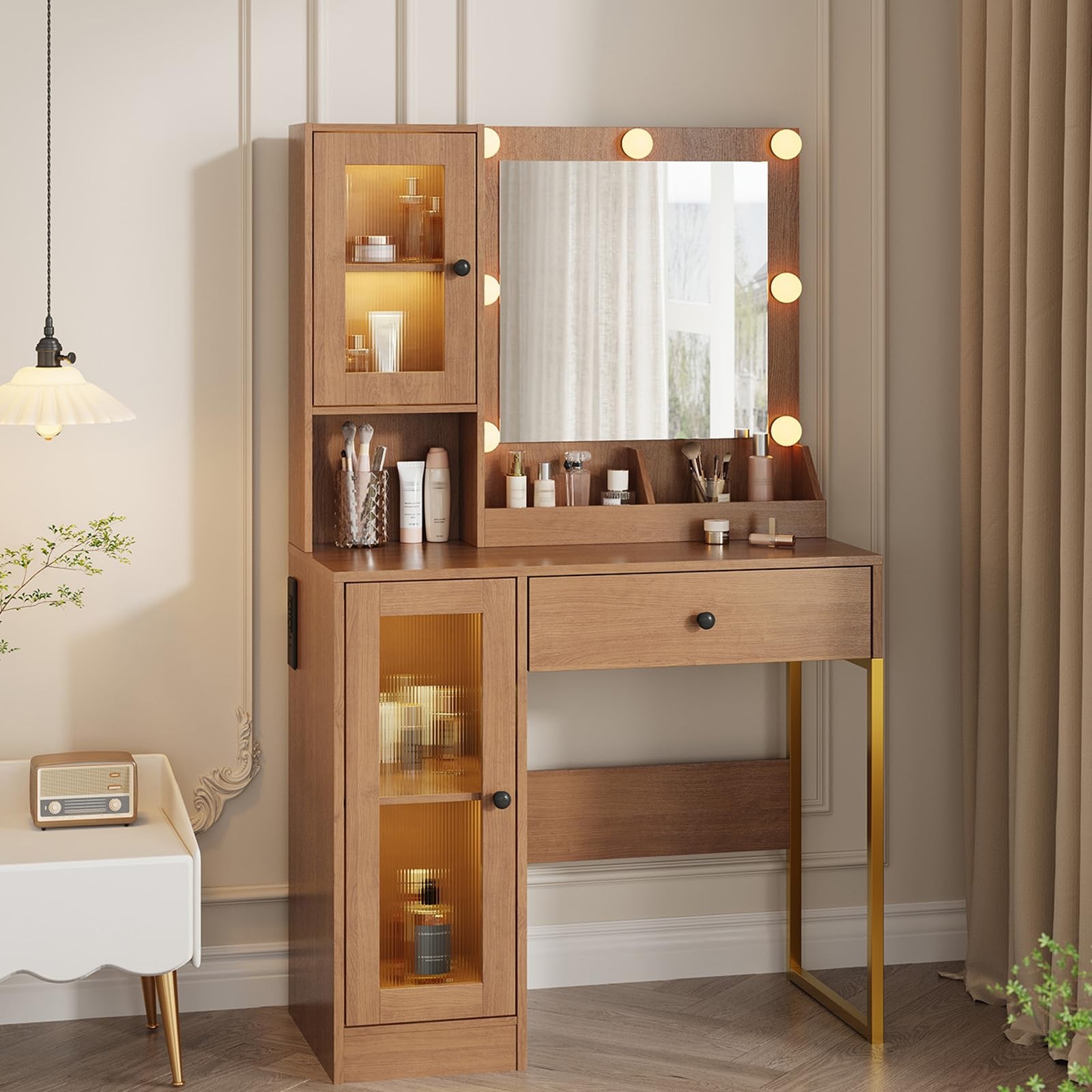 Makeup Vanity Desk with LED Lights and Mirror, 3 Color Modes, Large Drawers &…