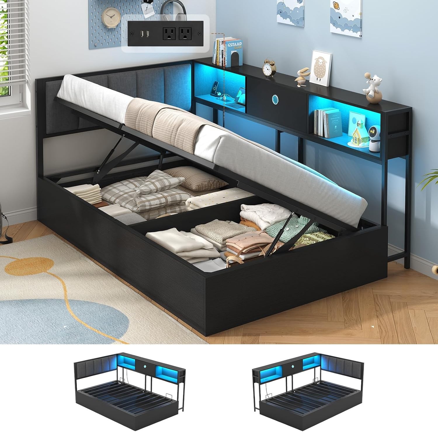 Corner Twin Lift Up Storage Bed Frame with Charging Station & LED Lights, Twin