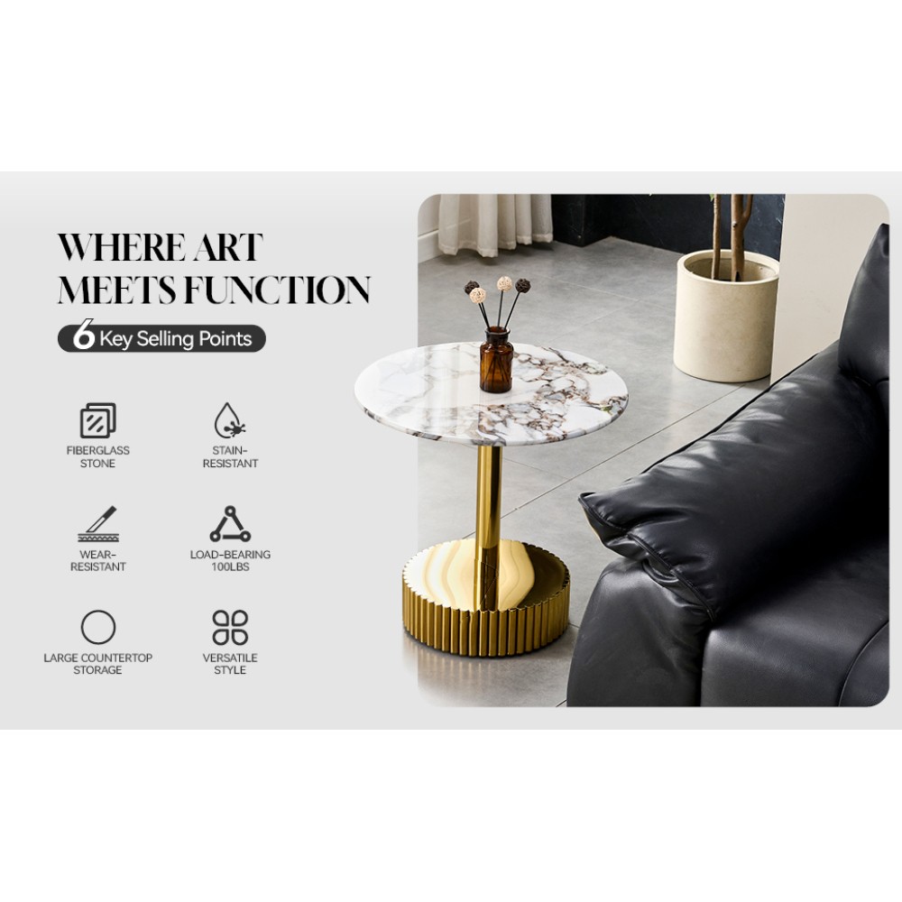 21.65″ Marble Glass End Table Nightstand Gold Stainless Steel Frame Bedroom Room