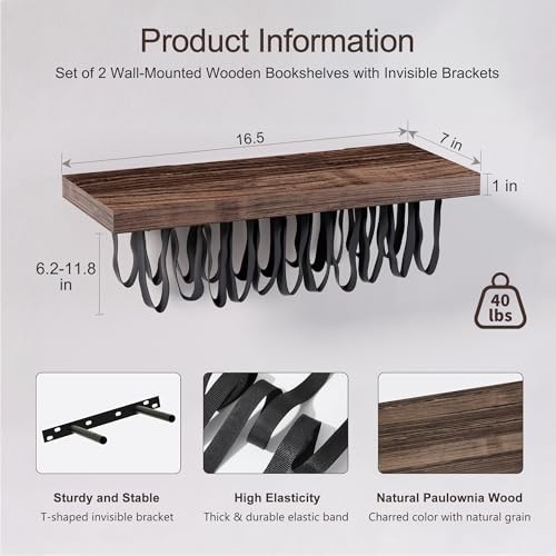 Floating Bookshelves for Wall, Rustic Wood Hanging Wall 16.5 in Brown