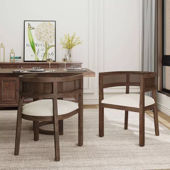 Christopher Knight Rubberwood Upholstered Dining Chairs with Curved Rattan Back