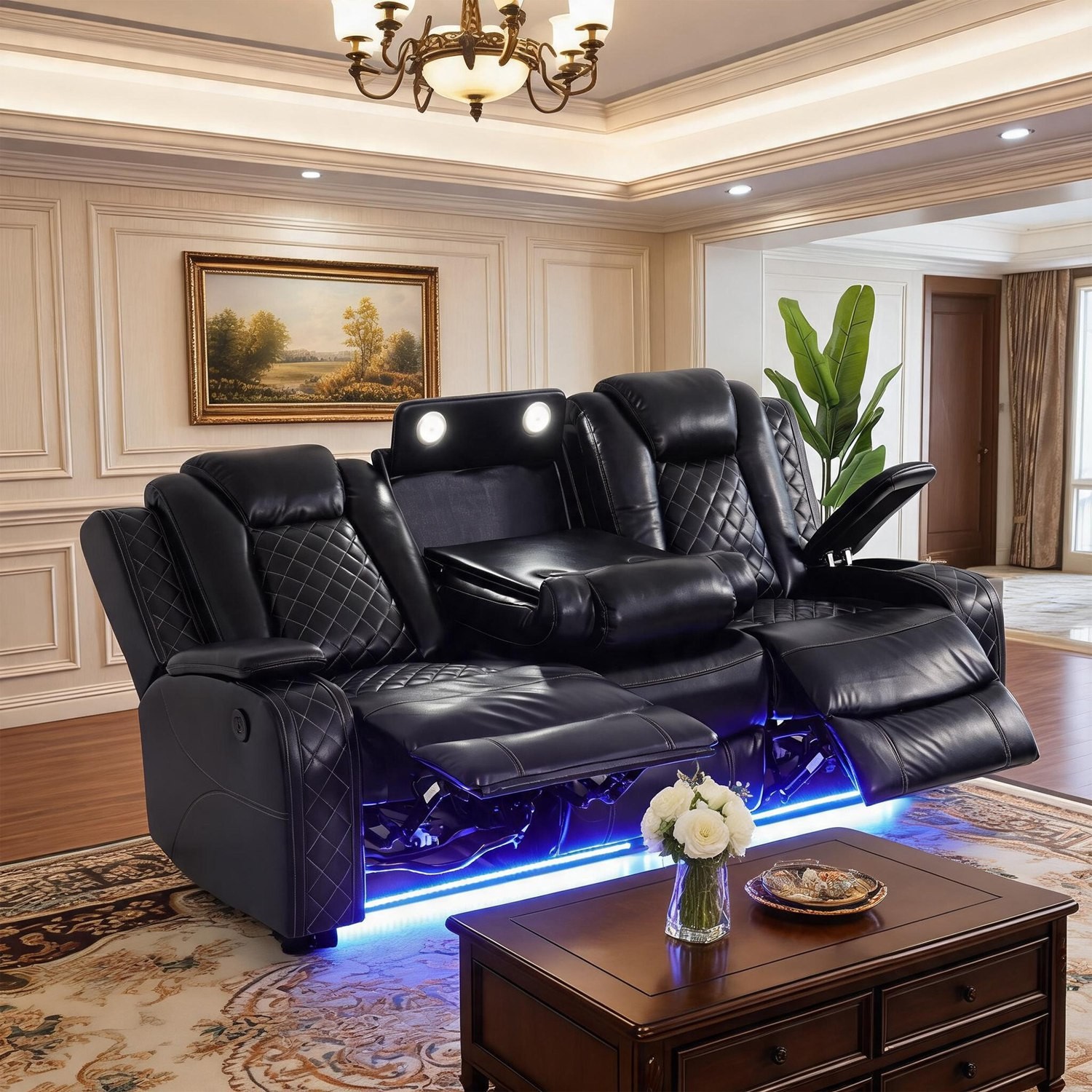Breathable Leather Recliner Sofa Set w/LED Ambient Lighting Cup Holders&Storage