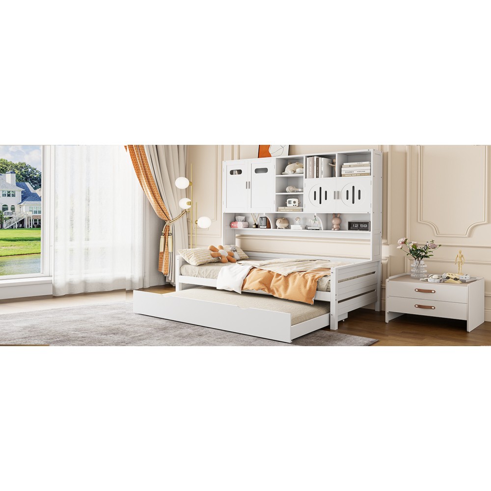 Twin Size Wooden Daybed with Twin Trundle Cabinet Shelf Storage