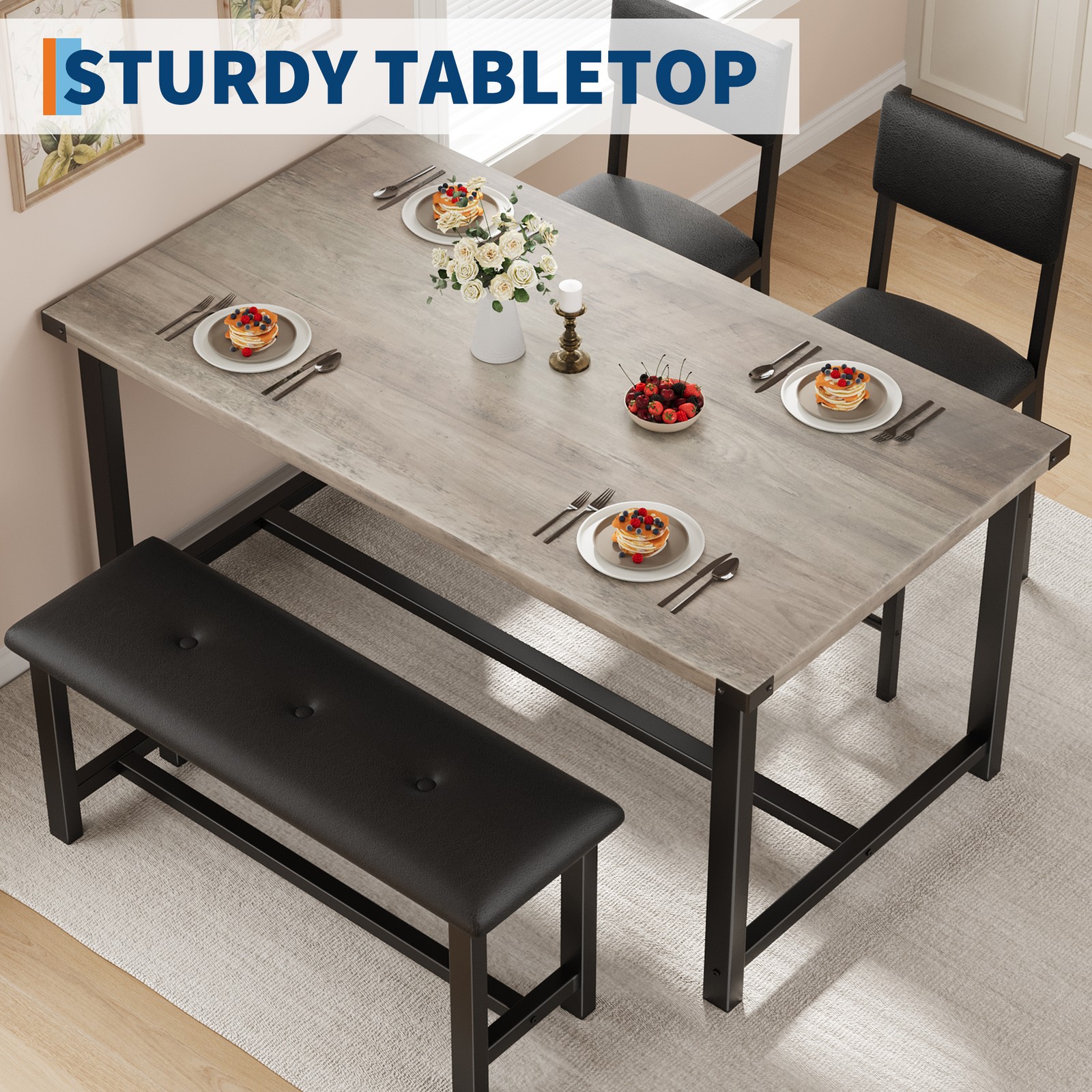 Space-Saving Modern Dining Table Set for 4, Kitchen Table with Bench & 2 Chairs