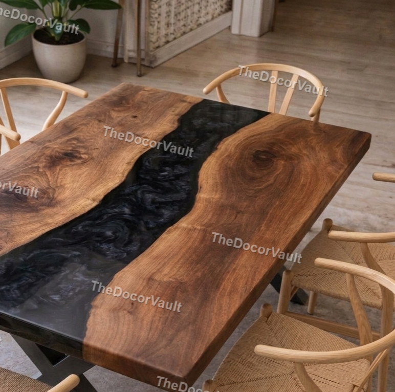 Black Epoxy River Table Live Edge Walnut Dining Table – Custom Resin Wood table
