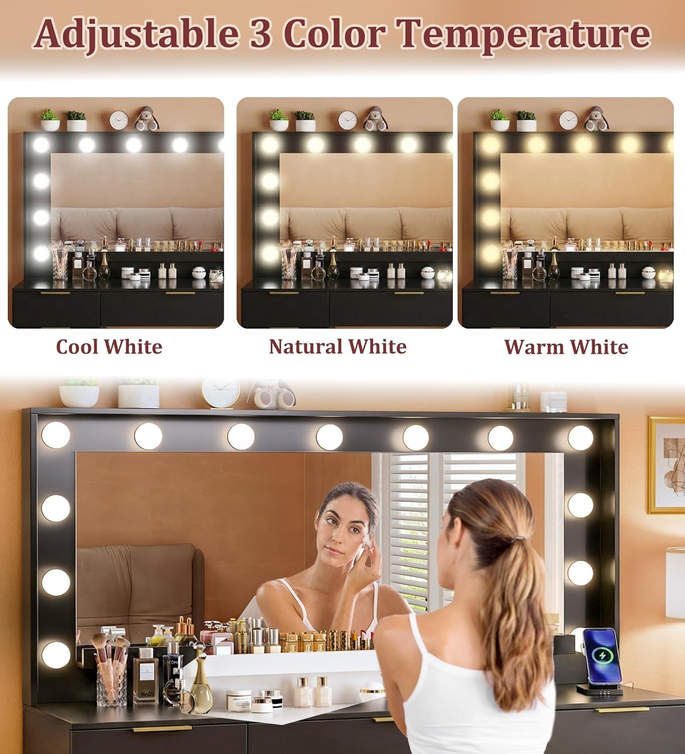 Vanity Desk with Mirror and Lights 45.3in Makeup Vanity with 7 Drawers