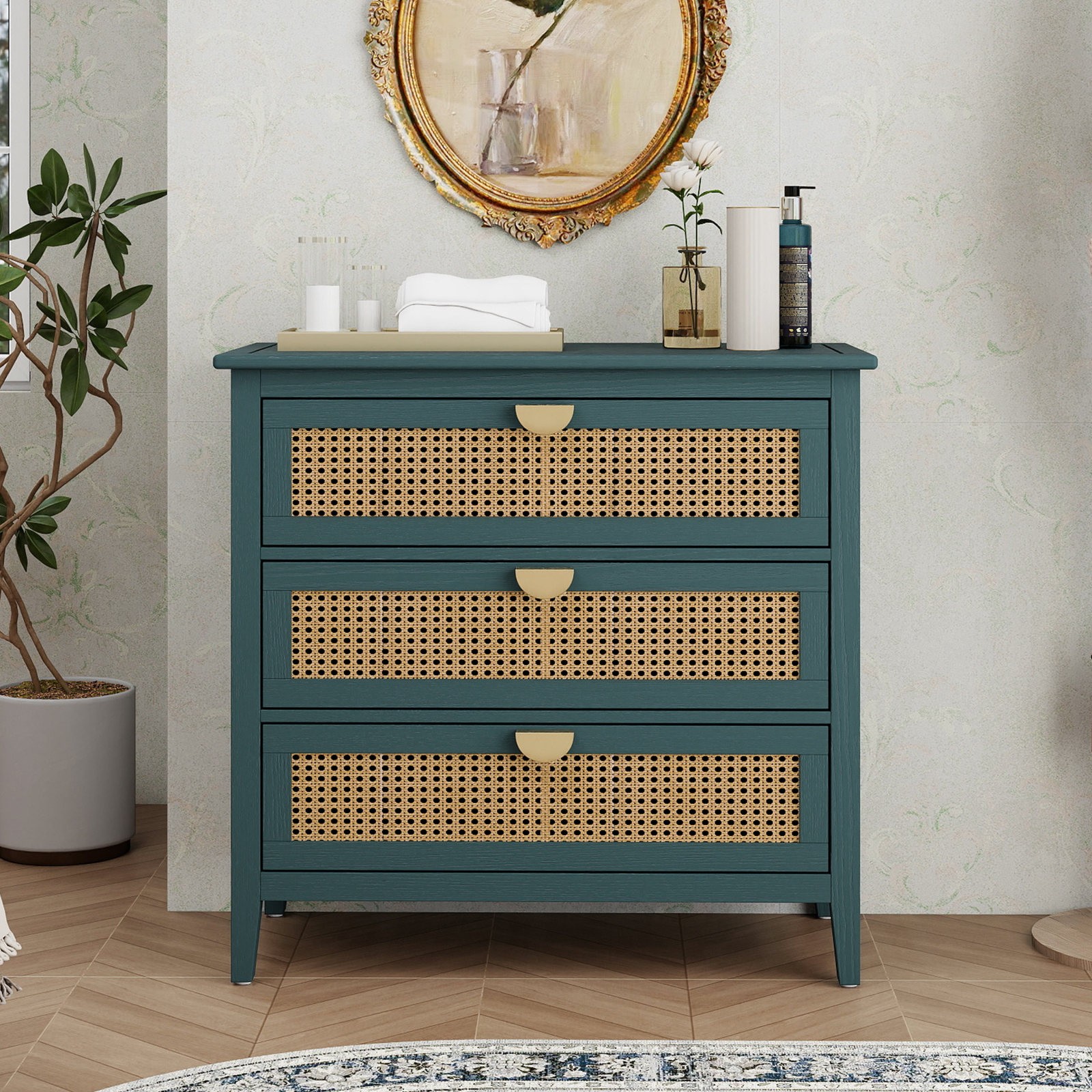 3 Drawer Rattan Cabinet, MDF Wood Grain, 31.5″L x 15″W x 30.5″H