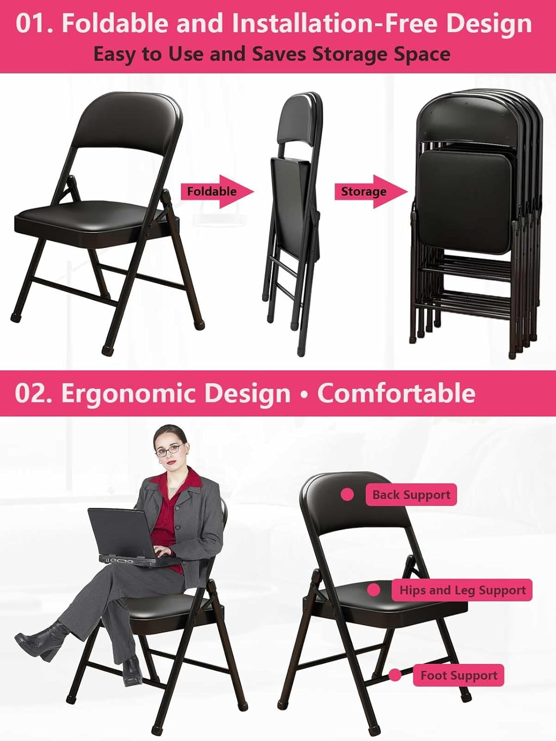 1 Pack Bulk Folding Chairs with Padded Cushion, Single Black Steel Metal Frame F