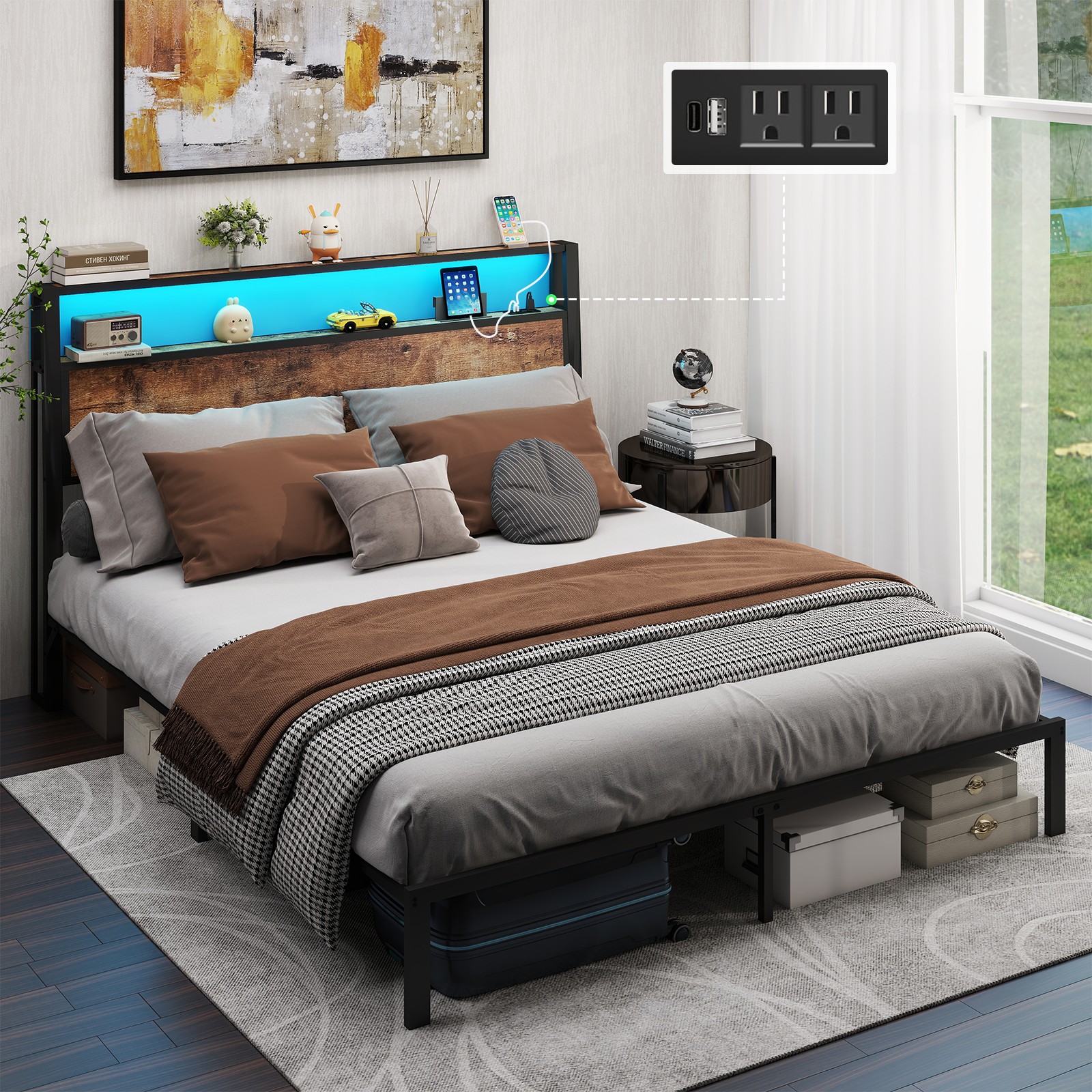 Bed Frame Full/Queen/King Size with 2-Tier Storage and LED Lights Headboard USA