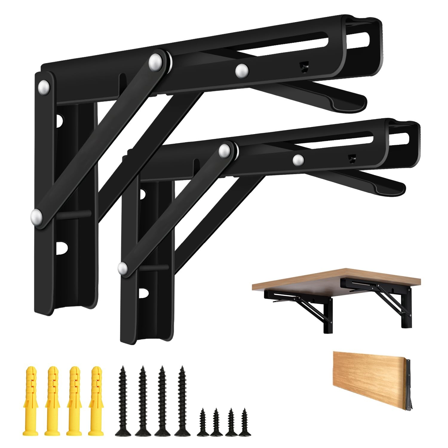 2 PCS 10 Inch Folding Shelf Brackets Collapsible Heavy Duty Fold Down Desk Black