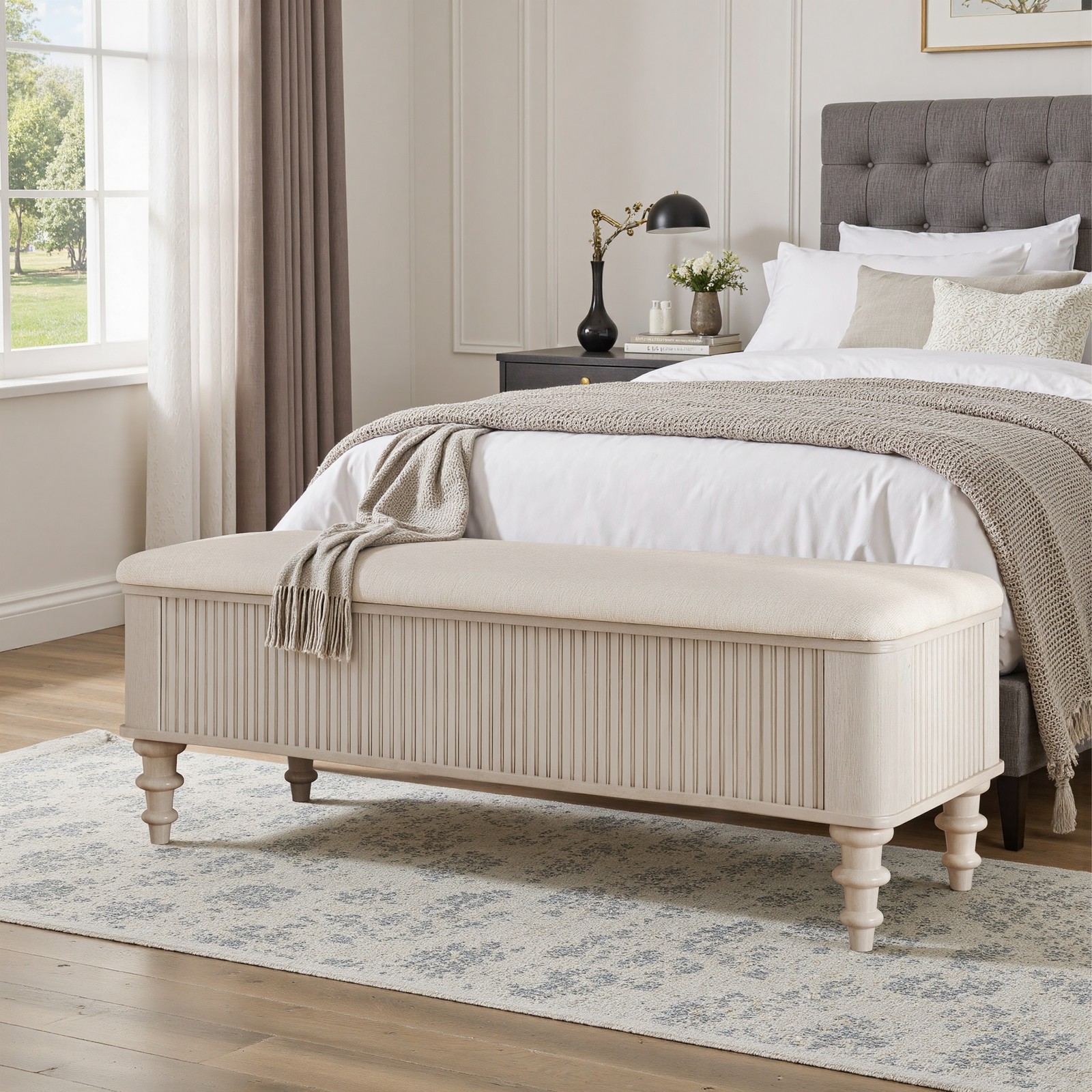 50.8″ Linen Fabric Storage Ottoman End of Bed Bench for Bedroom Entryway Beige