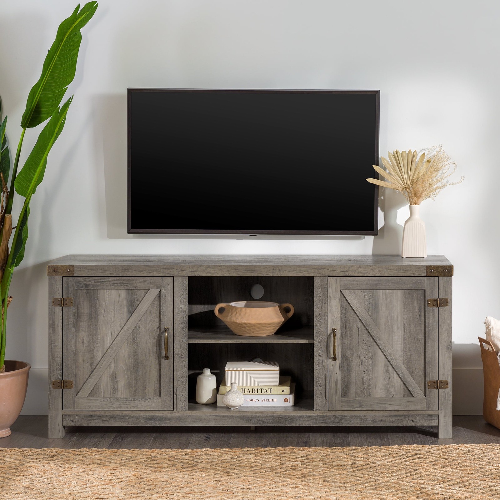 Vintage Farmhouse Barn Door TV Stand Entertainment Centers 65 Inch Country TVs