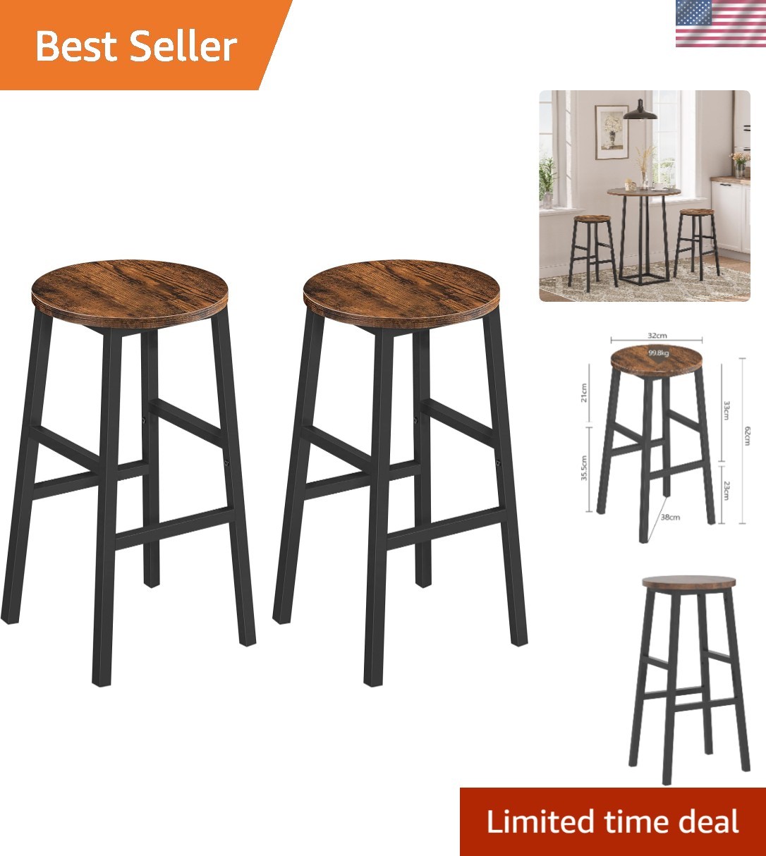 Set of 2 Industrial Bar Stools – 24.4 Inch Round Kitchen Chairs in Rustic Brown