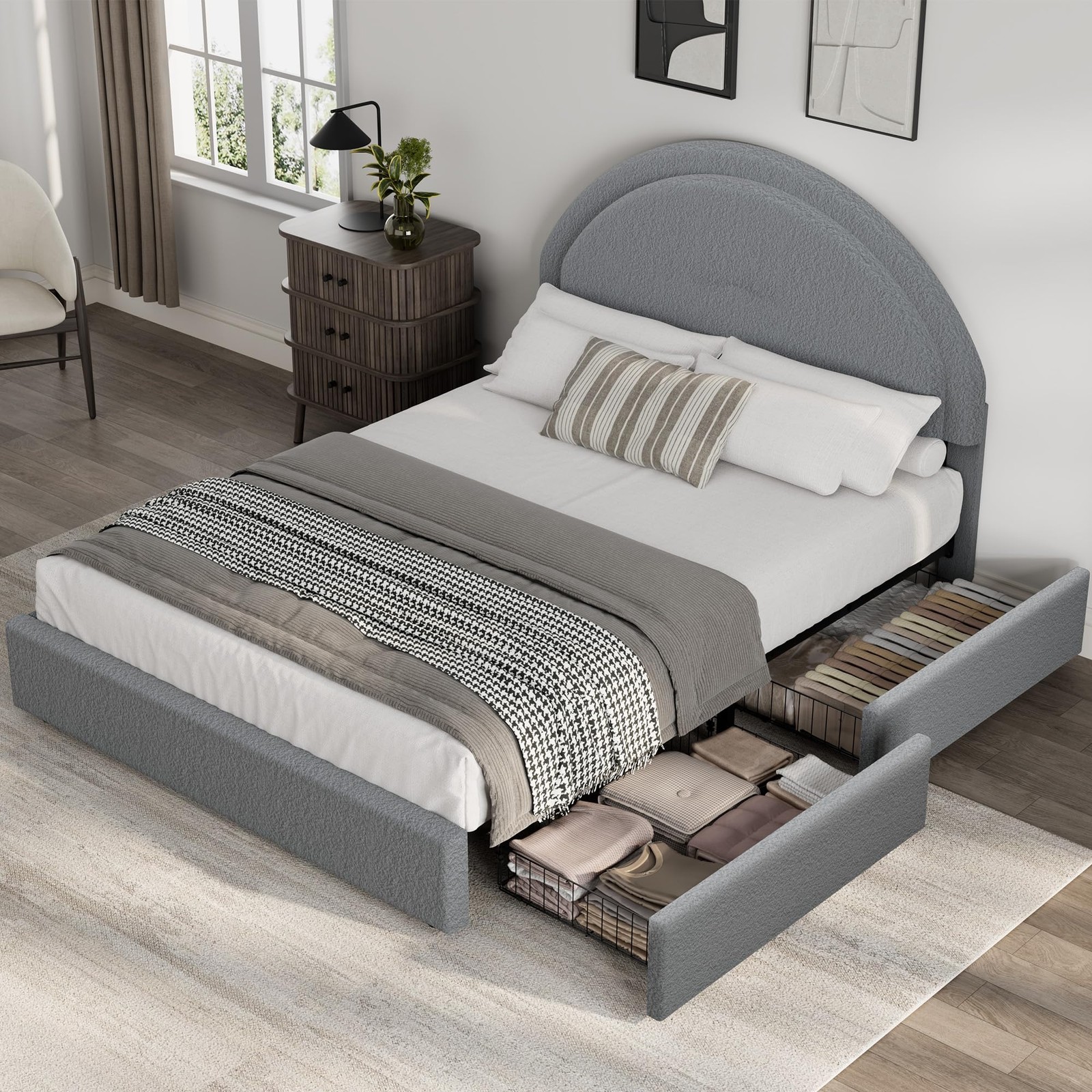 Twin/Full/Queen Size Bed Frame ,Soft Upholstered Platform Bed Frame w/ Drawers