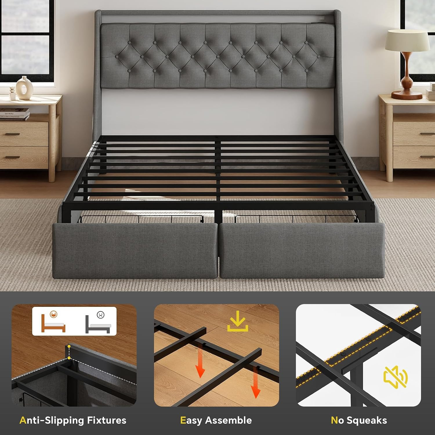 Queen Bed Frame with 2 Storage Drawer, Queen Size Bed Frame, Grey | Headboard wi