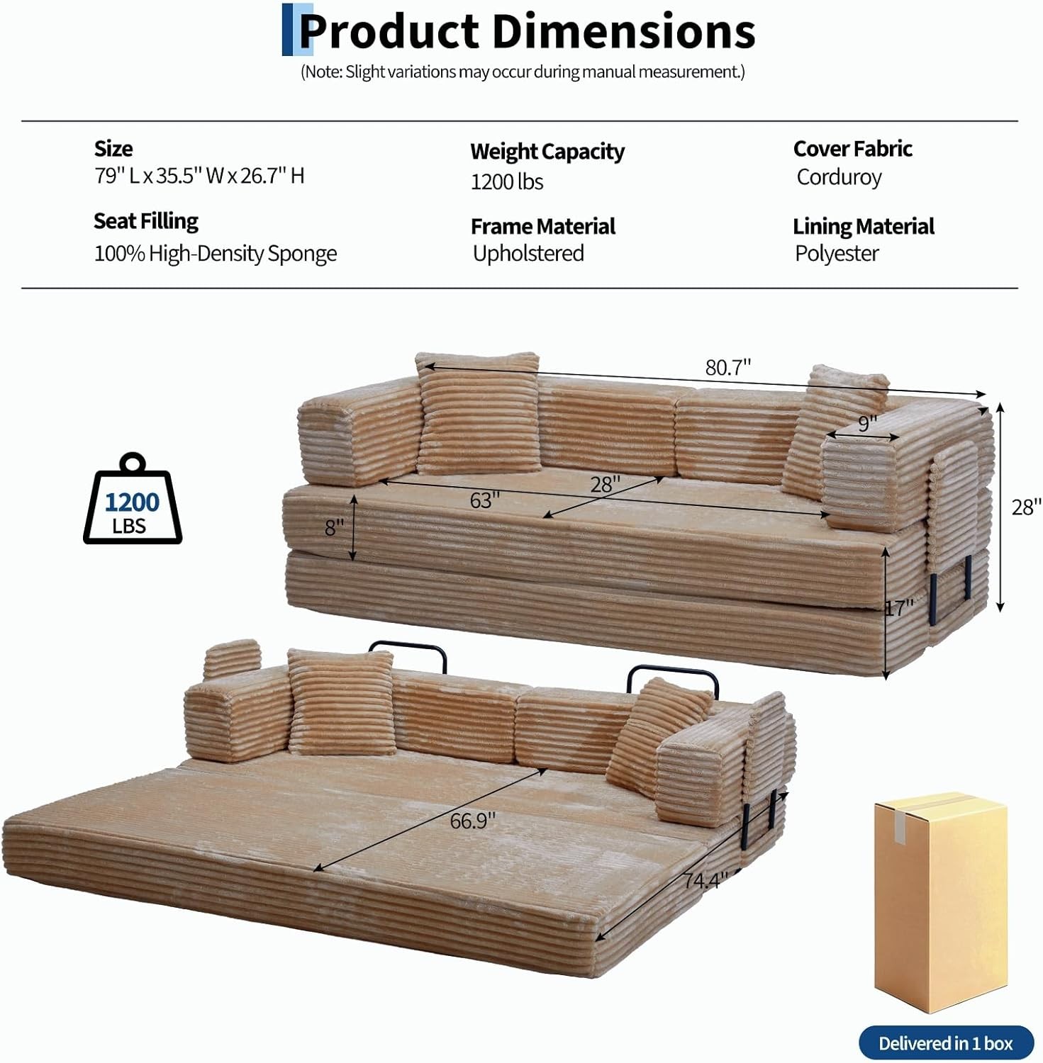 80.7” Queen Sofa Bed 5-in-1 Modular Convertible Sleeper Couch Futon with Pillow