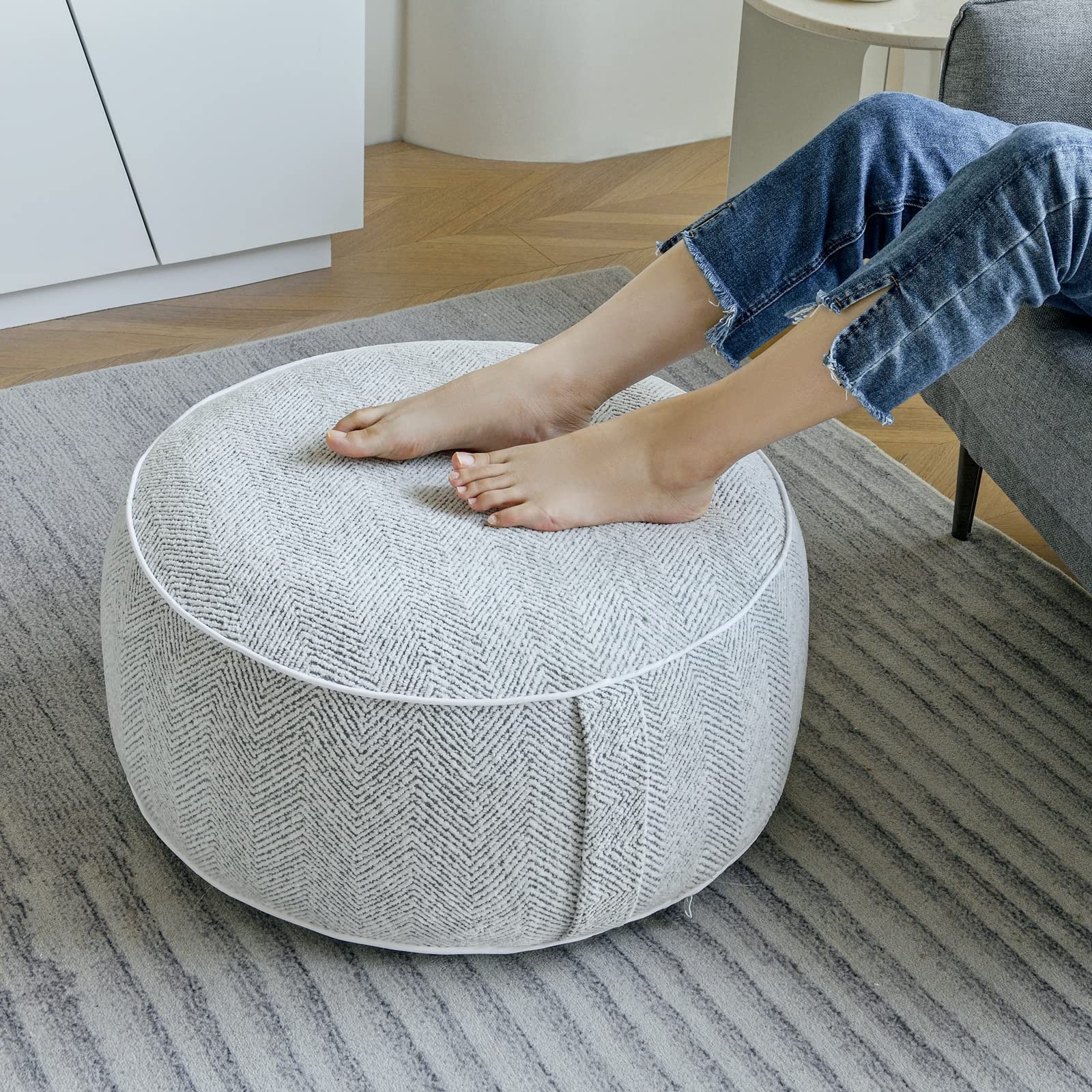 weruisi Stuffed Pouf Ottoman, 21×10 Inches Chenille Ottoman with Inflatable PVC