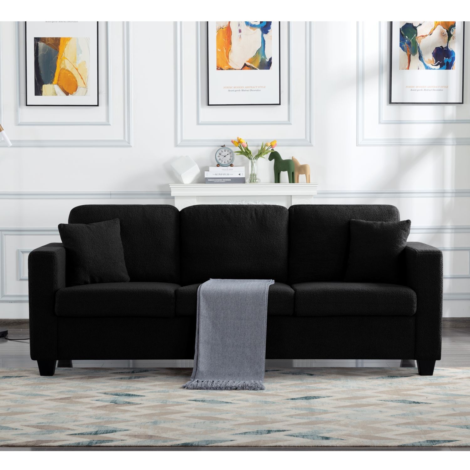 86.6″ Plush Teddy Fabric Sofa Removable Covers 2 Pillows Wide Deep Seat Black