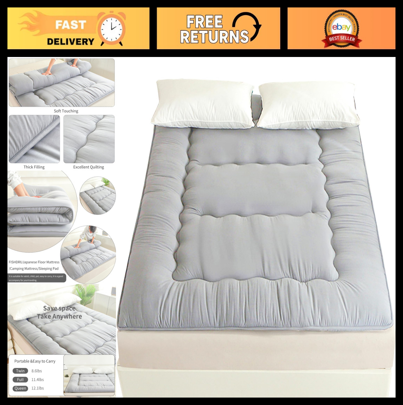 Foldable Japanese Futon Mattress, Tatami Floor Bed, Roll Up Sleeping Pad, Twin S