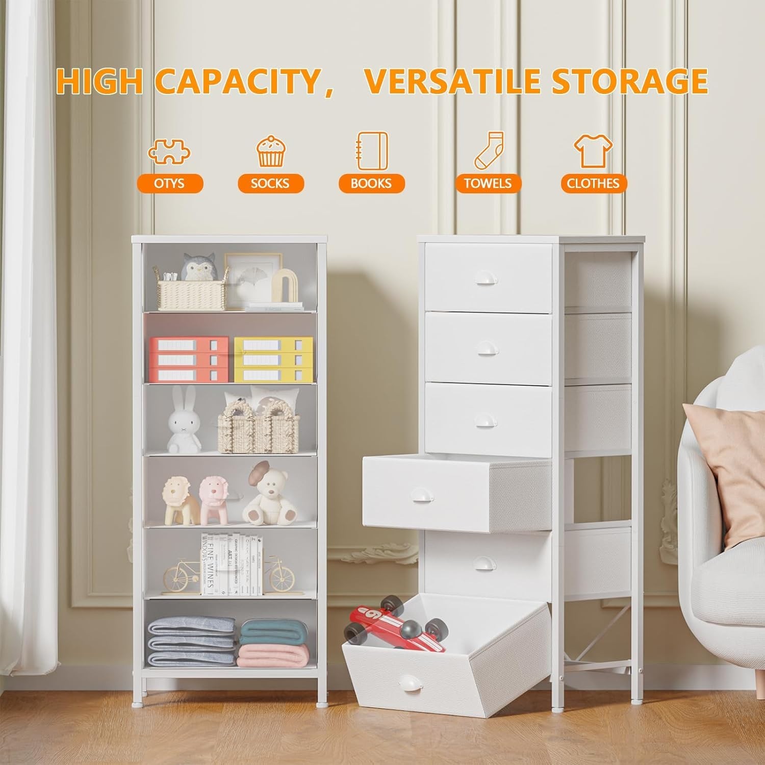 White Tall Dresser for Bedroom,Vertical Storage Tower Unit and End Table with…