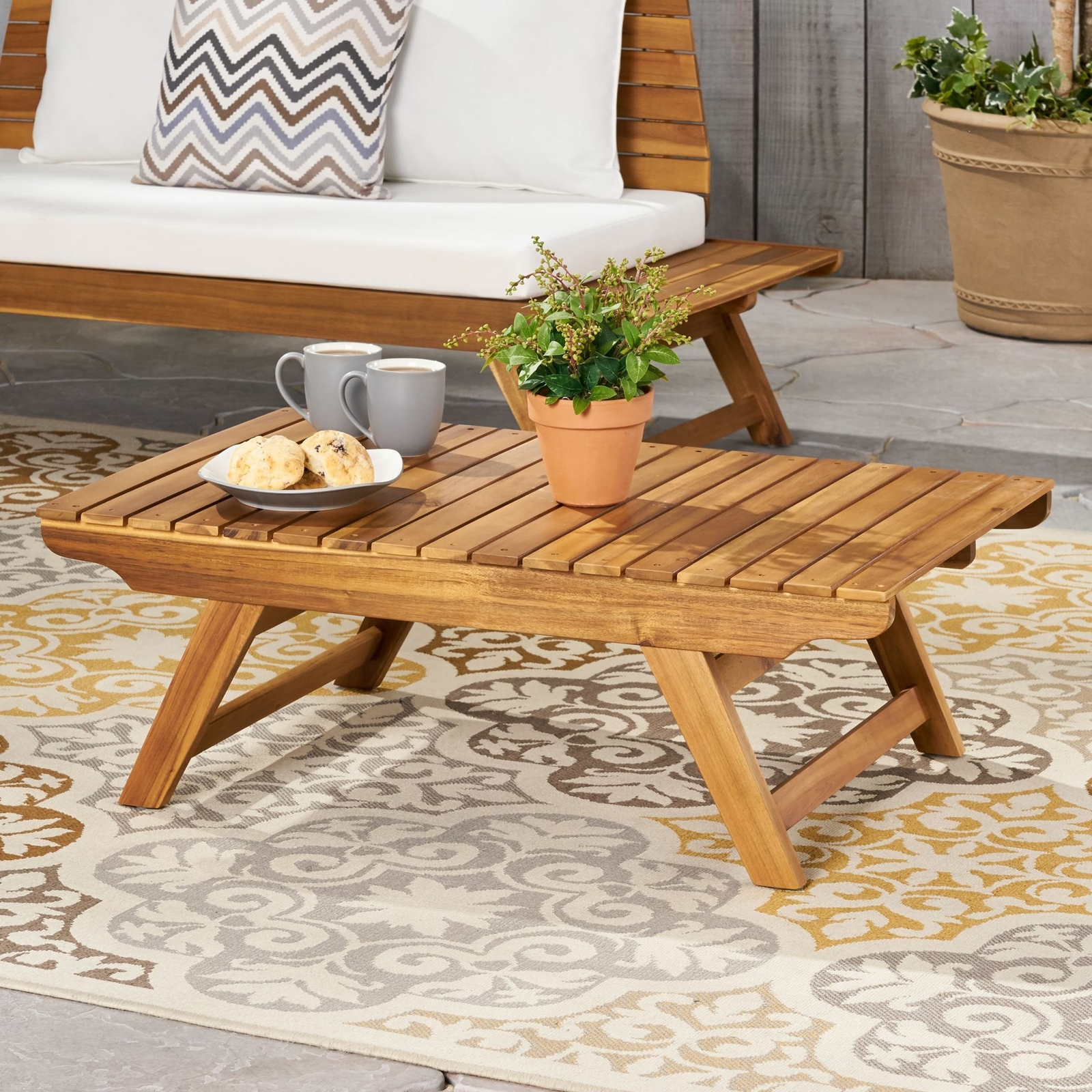 Outdoor Acacia Wood Slat Panel Coffee Table, Teak