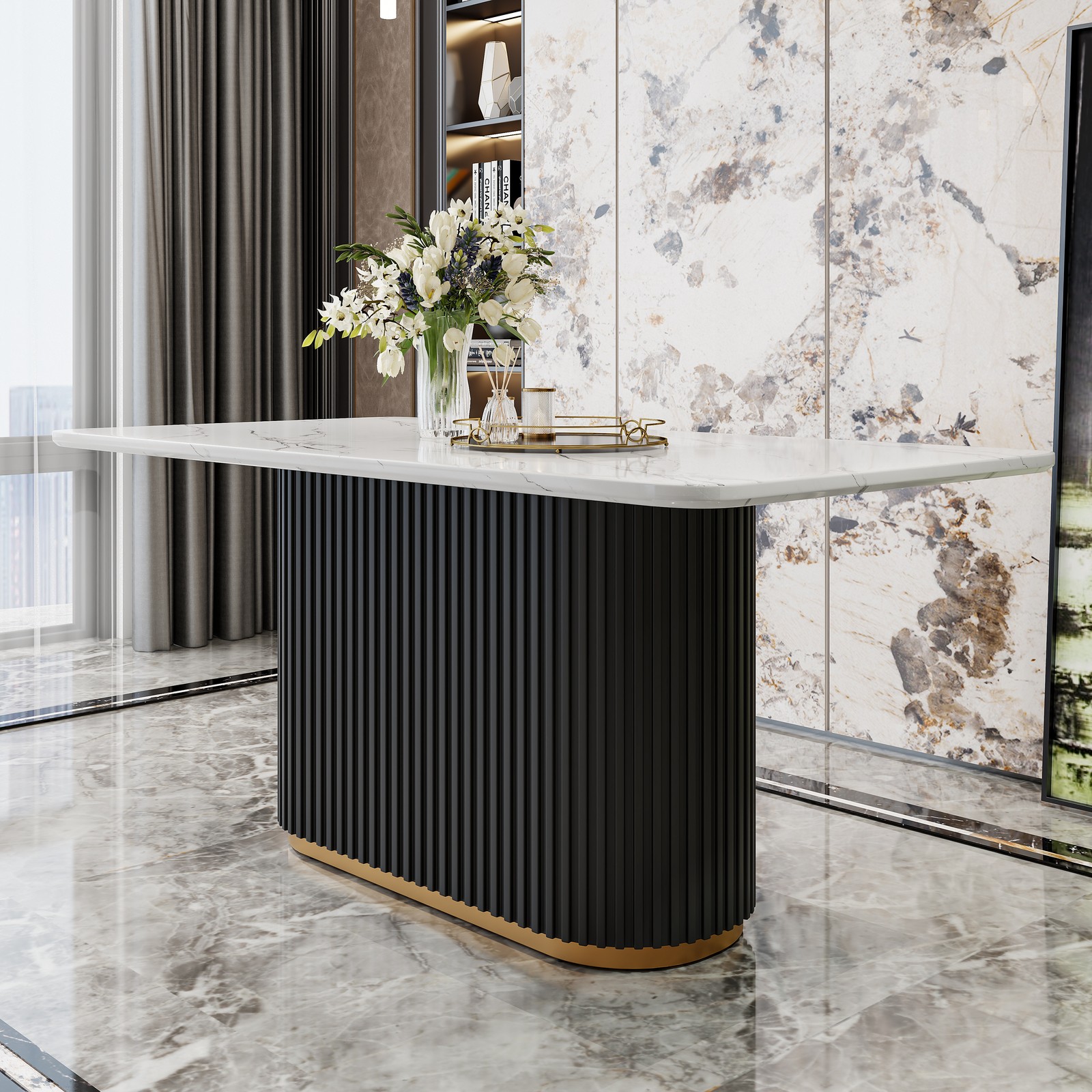 69″ Rectangular Faux Marble Dining Table Black Gold Base Seats 6