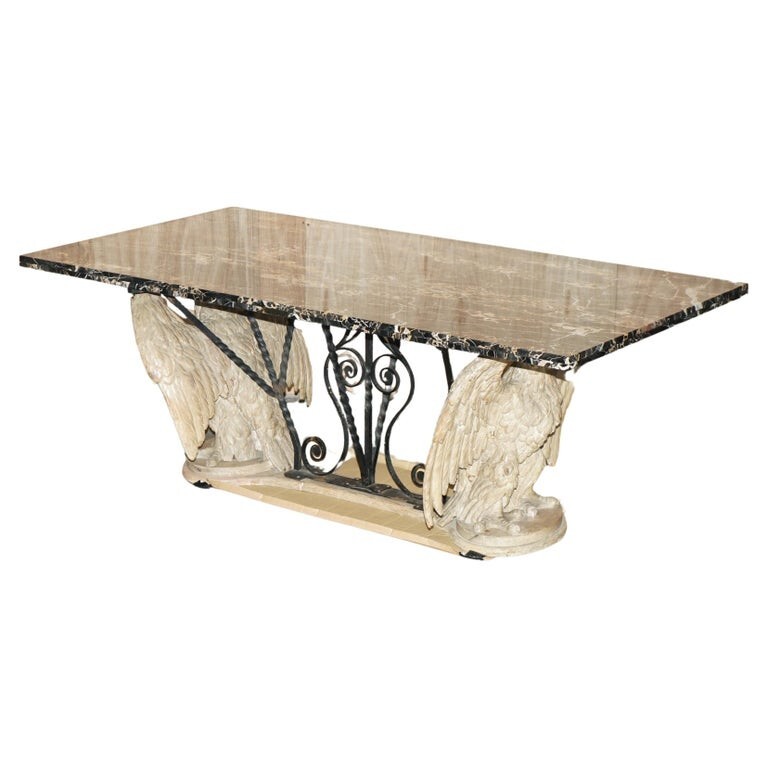 SUBLIME HAND CARVED ANTIQUE EAGLE 8 PERSON DINING TABLE WITH ITALIAN MARBLE TOP