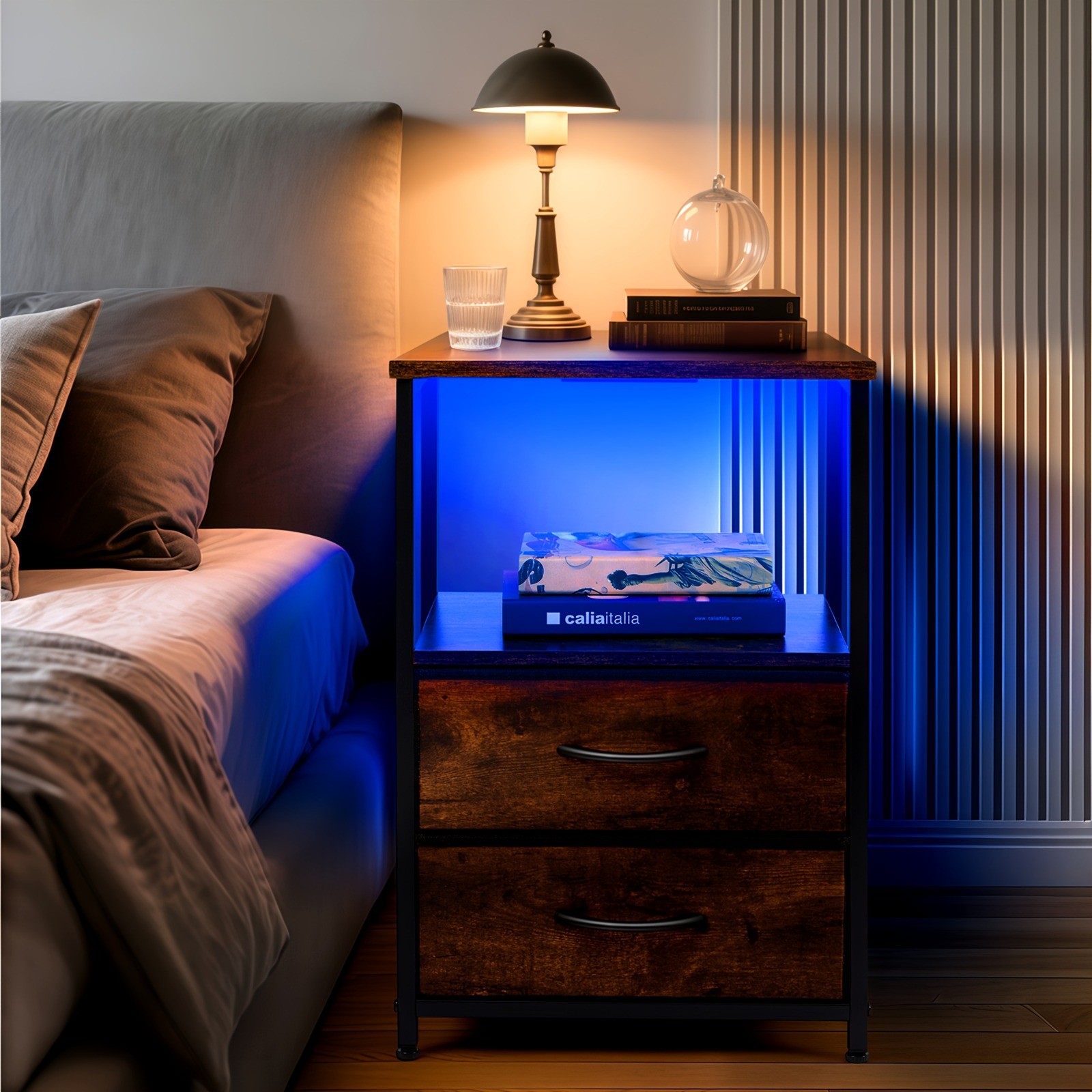 Led Nightstand with Charging Station 2 Drawers Night Stand Black Bedside Table