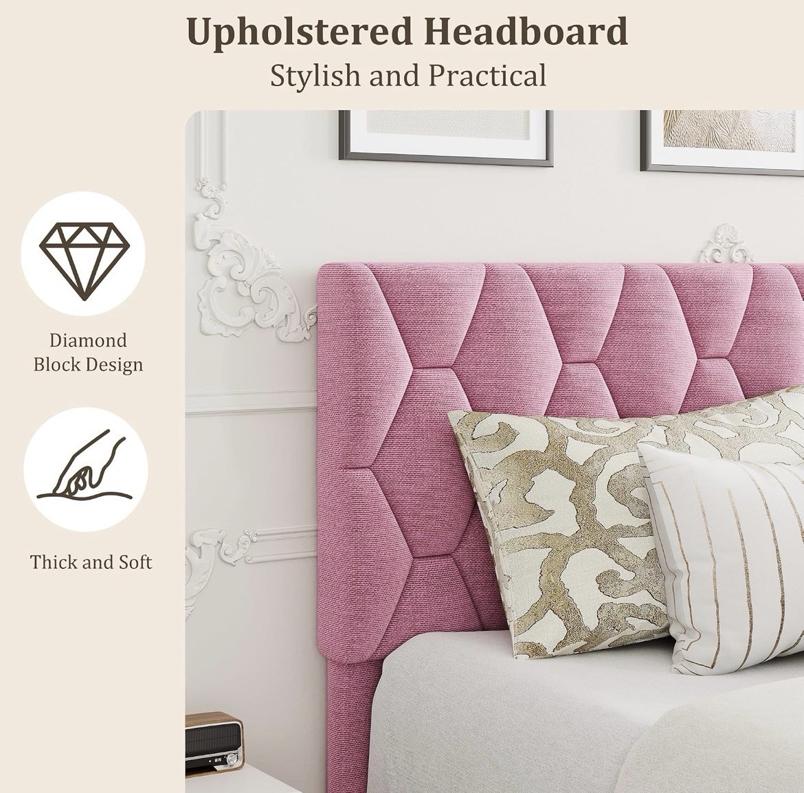 Full Upholstered Platform Bed Frame, Adjustable Headboard, Pink Metal/Wood