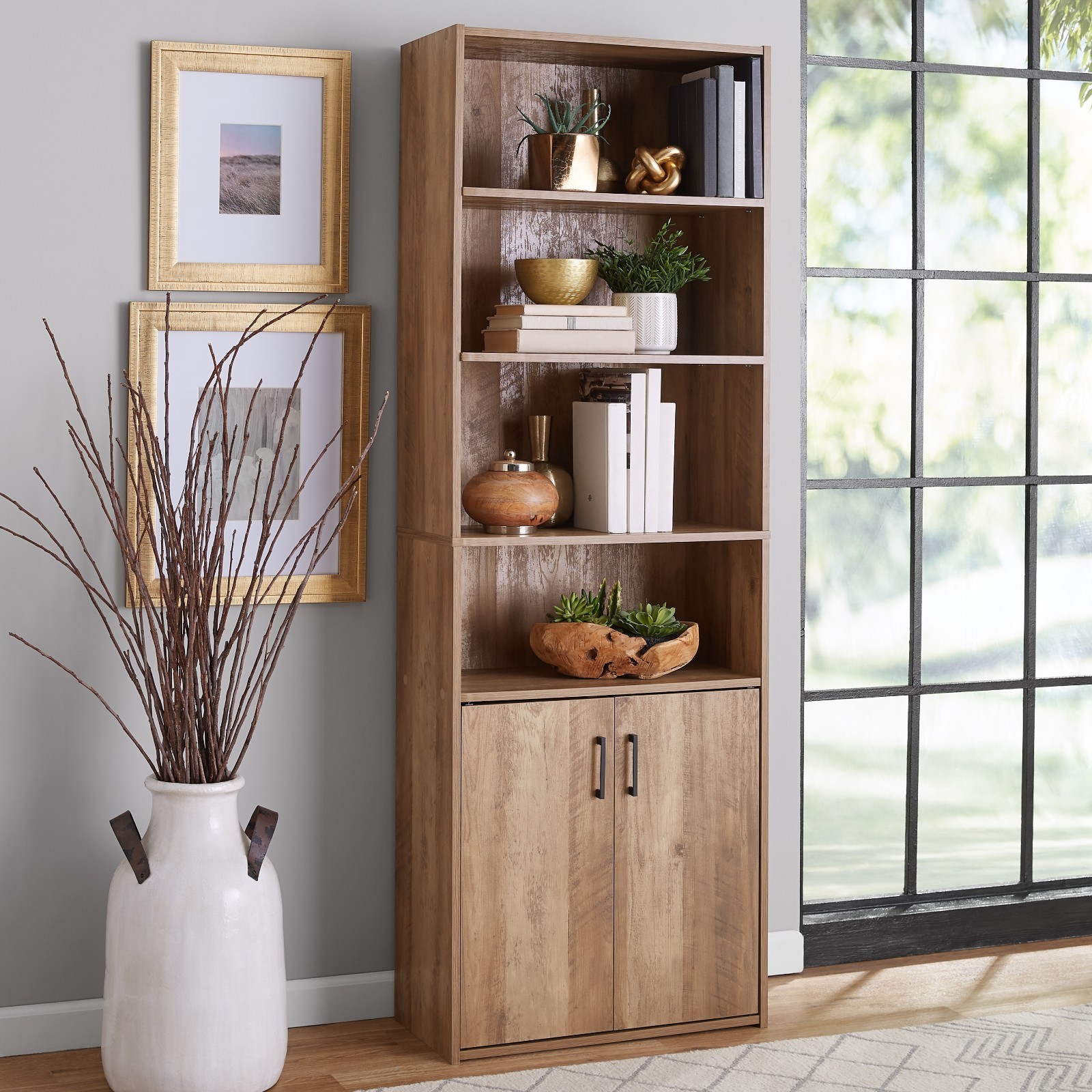 SALE NOW Mainstays Traditional 5 Shelf Bookcase with Doors, Weathered Oak Finish