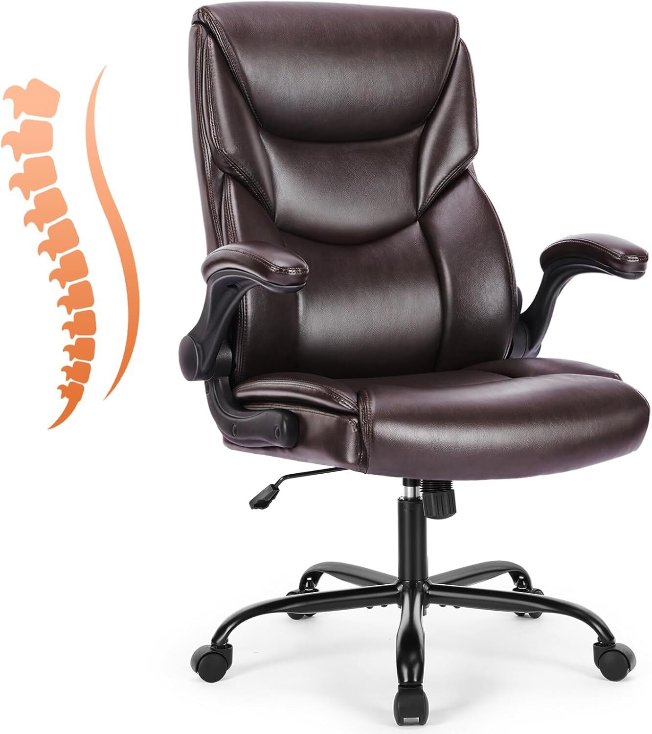 Brown Leather Office Desk Chair Adjustable Swivel Rolling Wheels Computer Chair