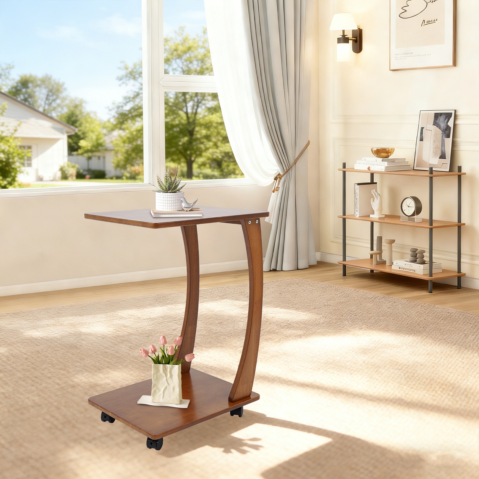 Wooden C-shaped Side Table with Wheels End Tables TV Tray Table Light Walnut