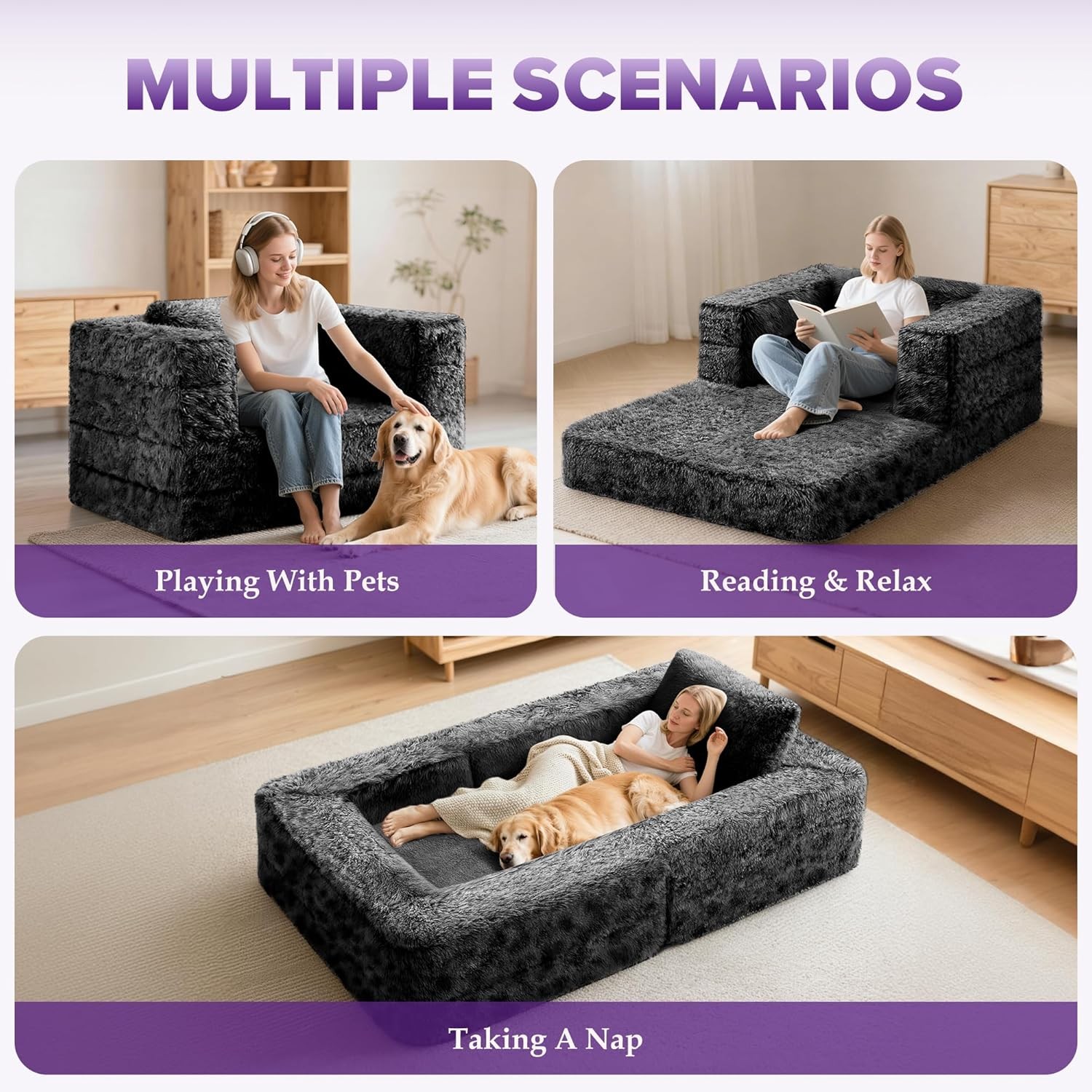 Convertible Sofa Bed, 3-in-1 Futon Sofa Bed with Pillow