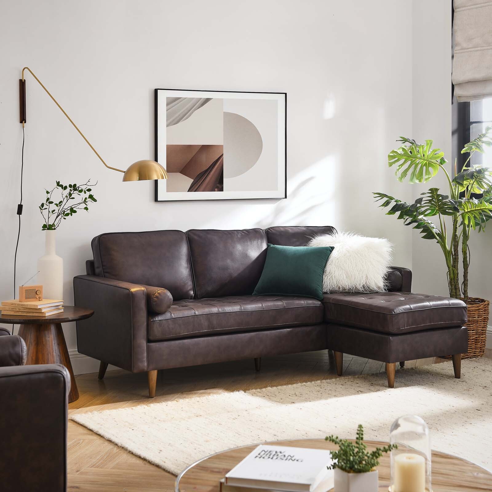 Modway Valour 78″ Leather Tufted Apartment Sectional Sofa In Brown