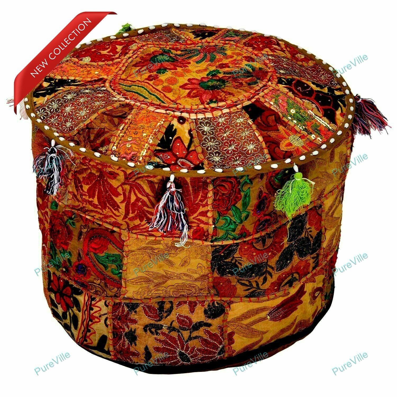 Indian Floral Cotton Foot Stool Seating Handcrafted Ottoman Pouf