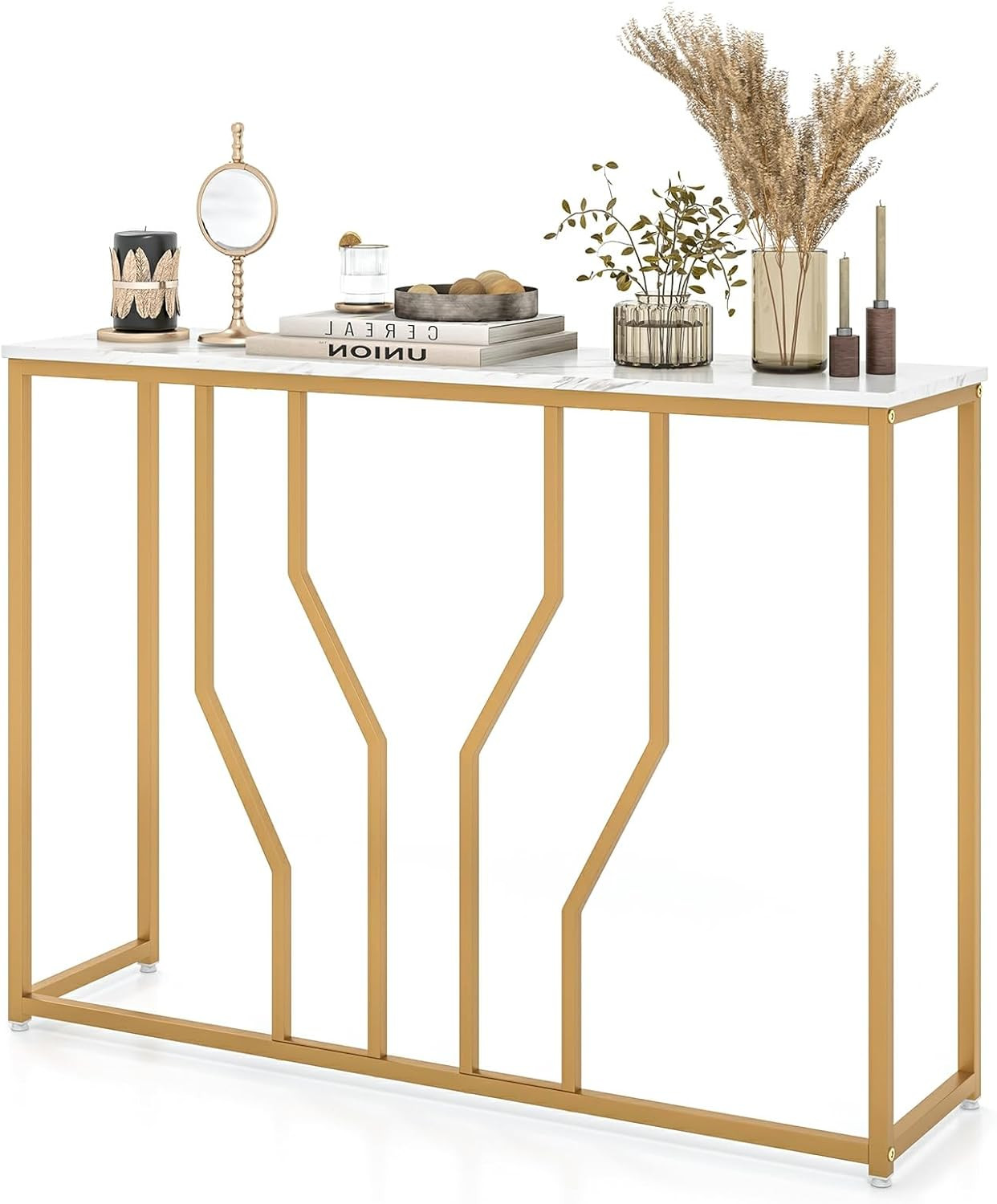 Modern Gold Console Table with Faux Marble Top & Geometric Metal Frame
