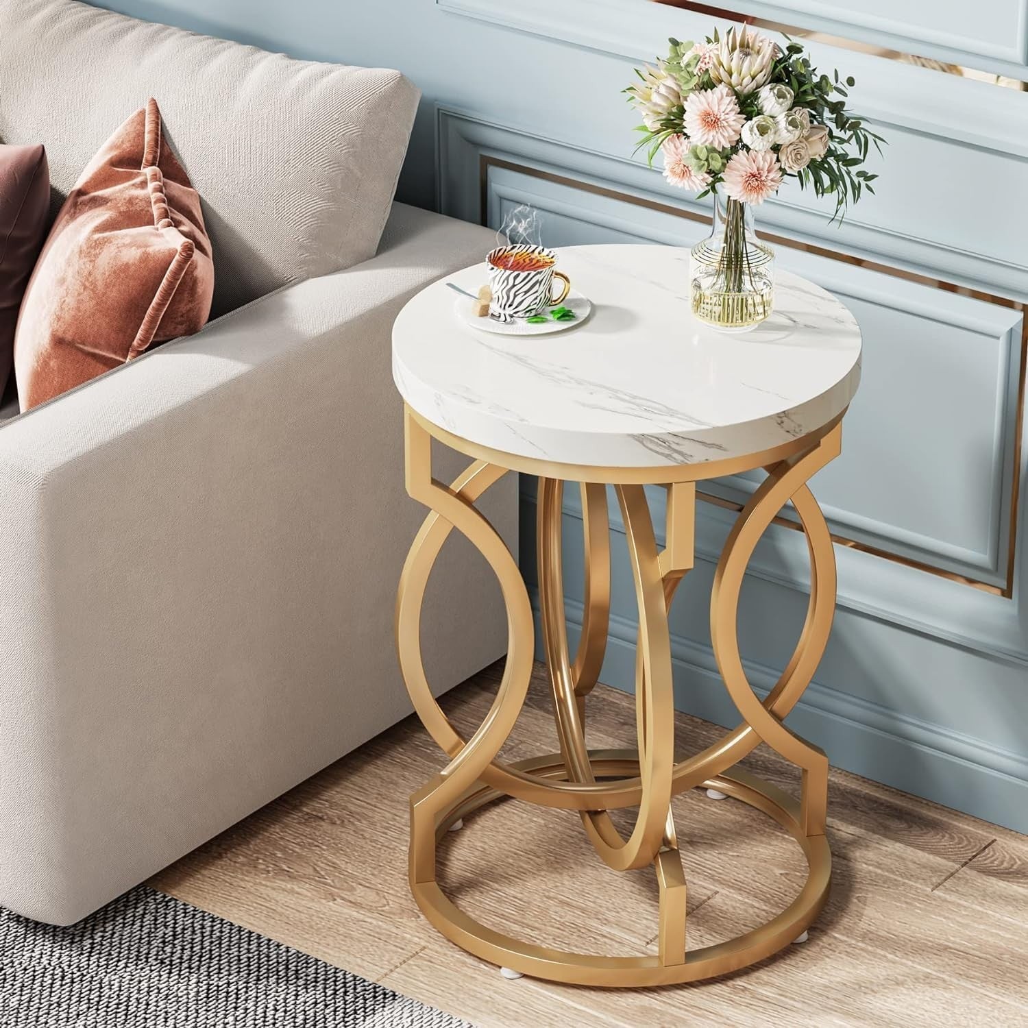 Round End Table, Modern Bedside Table with Faux Marble Top